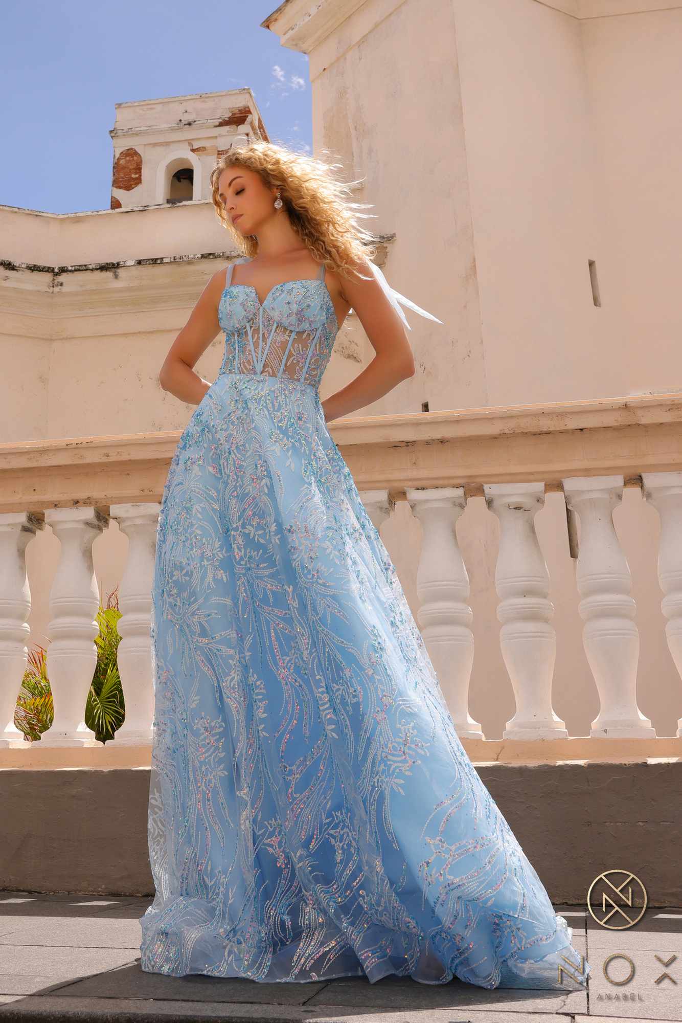 Nox Anabel T1336 Long A-Line Glitter Sequin Applique Corset Ball Gown by DiscountDressShop