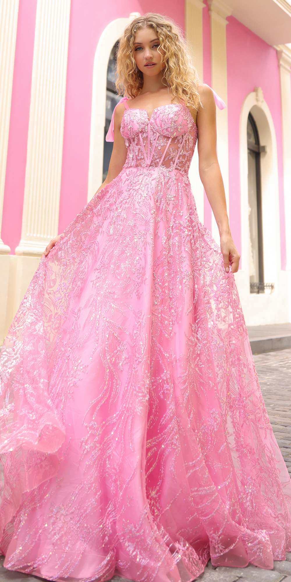 Nox Anabel T1336 Long A-Line Glitter Sequin Applique Corset Ball Gown by DiscountDressShop