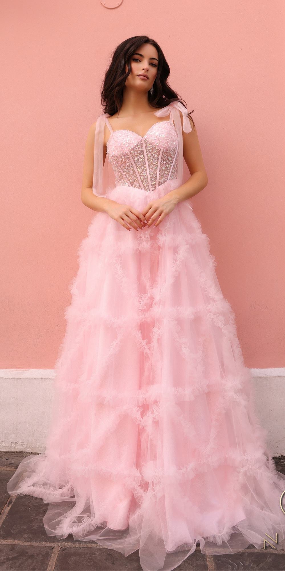 Nox Anabel T1340 Long Ruffled Skirt Boned Bustier Ribbon Strap A-Line Gown by DiscountDressShop