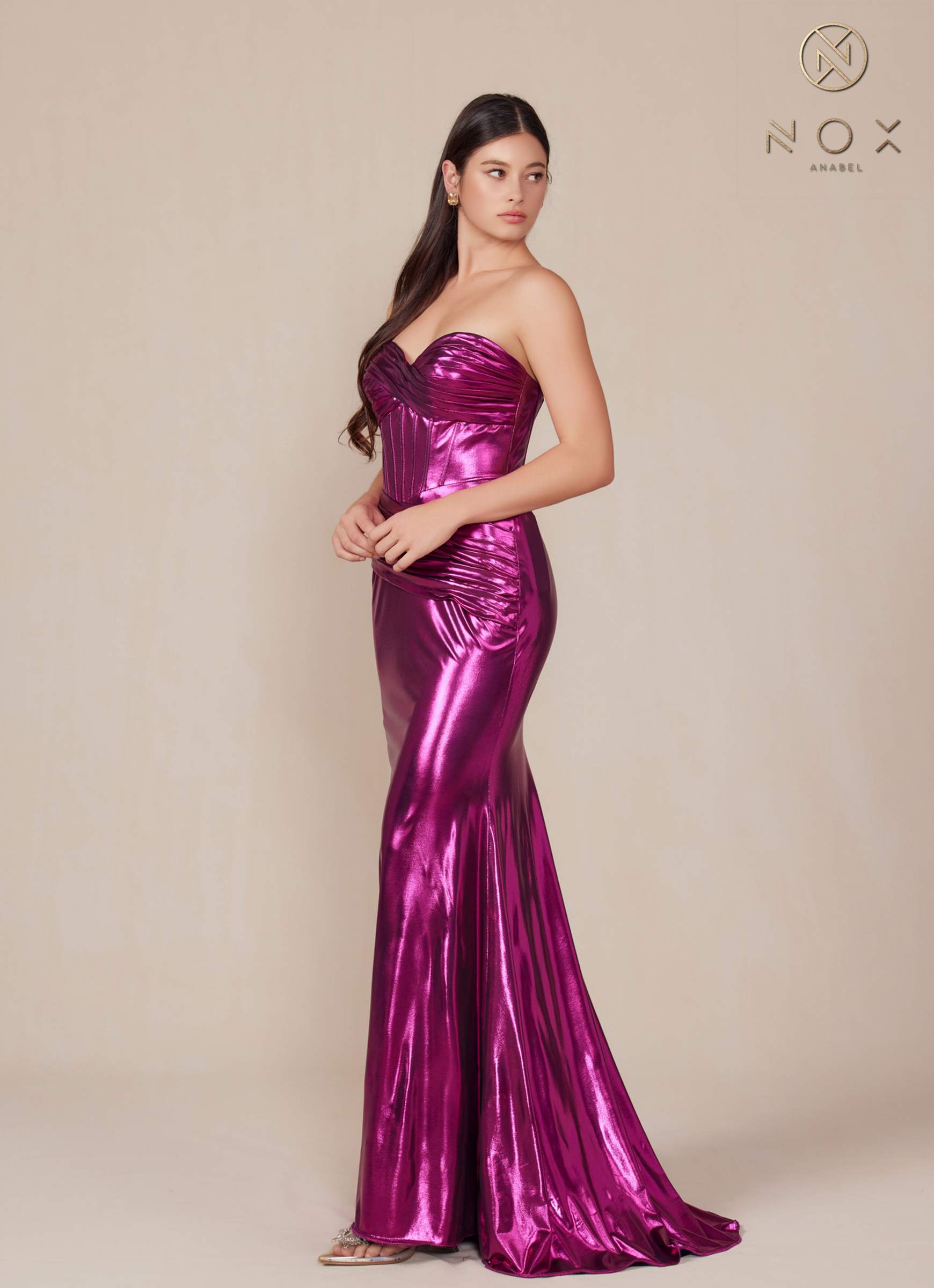 Nox Anabel T1499 Dress Strapless Metallic Satin Fitted Gown by DiscountDressShop