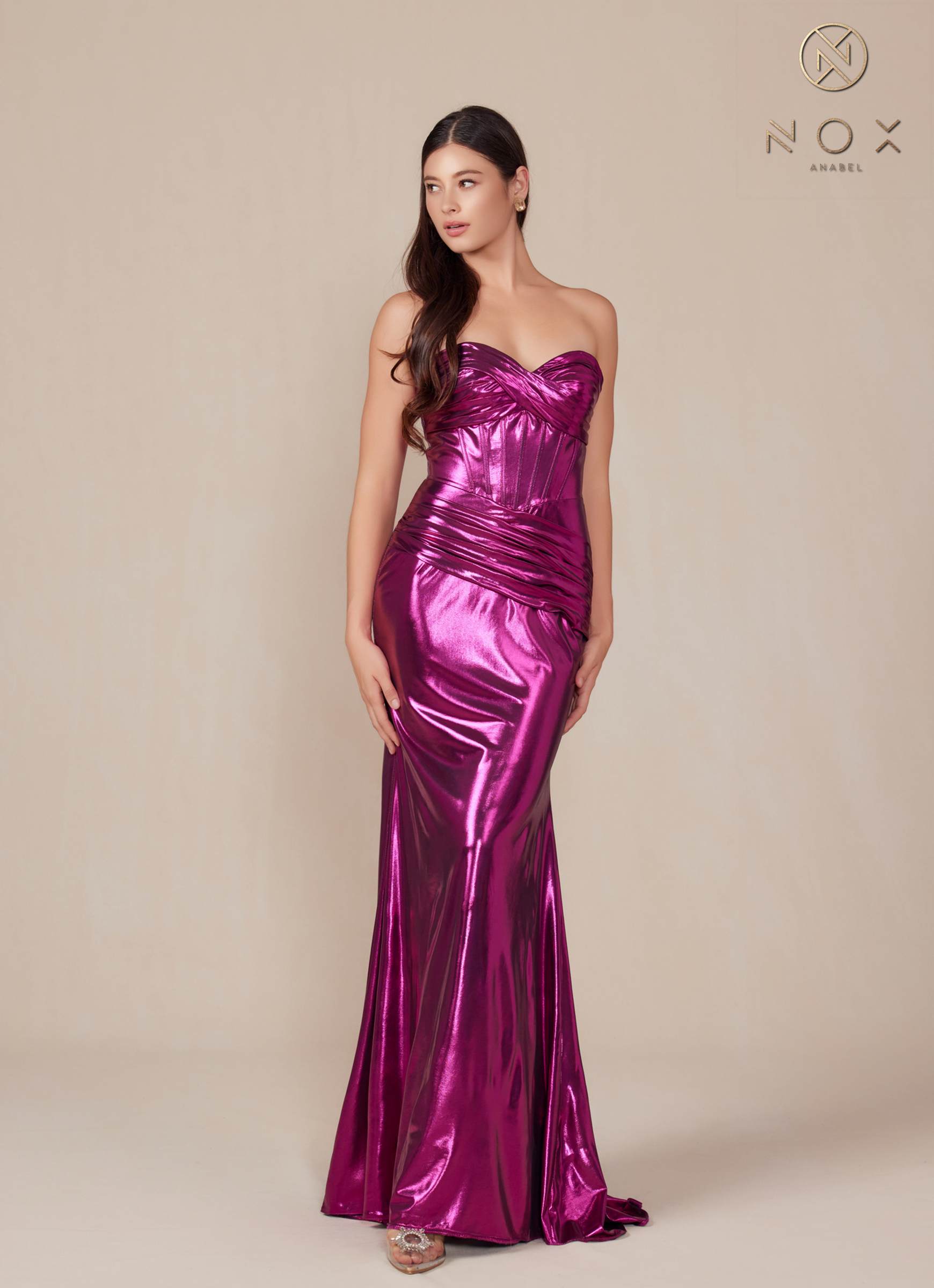 Nox Anabel T1499 Dress Strapless Metallic Satin Fitted Gown by DiscountDressShop