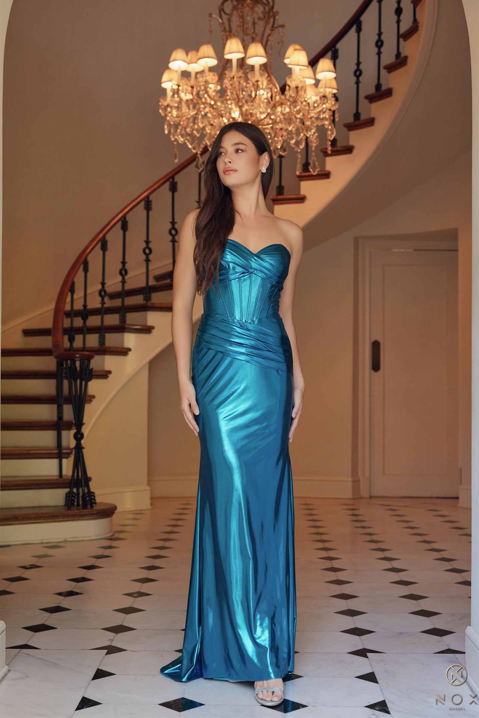 Nox Anabel T1499 Dress Strapless Metallic Satin Fitted Gown by DiscountDressShop