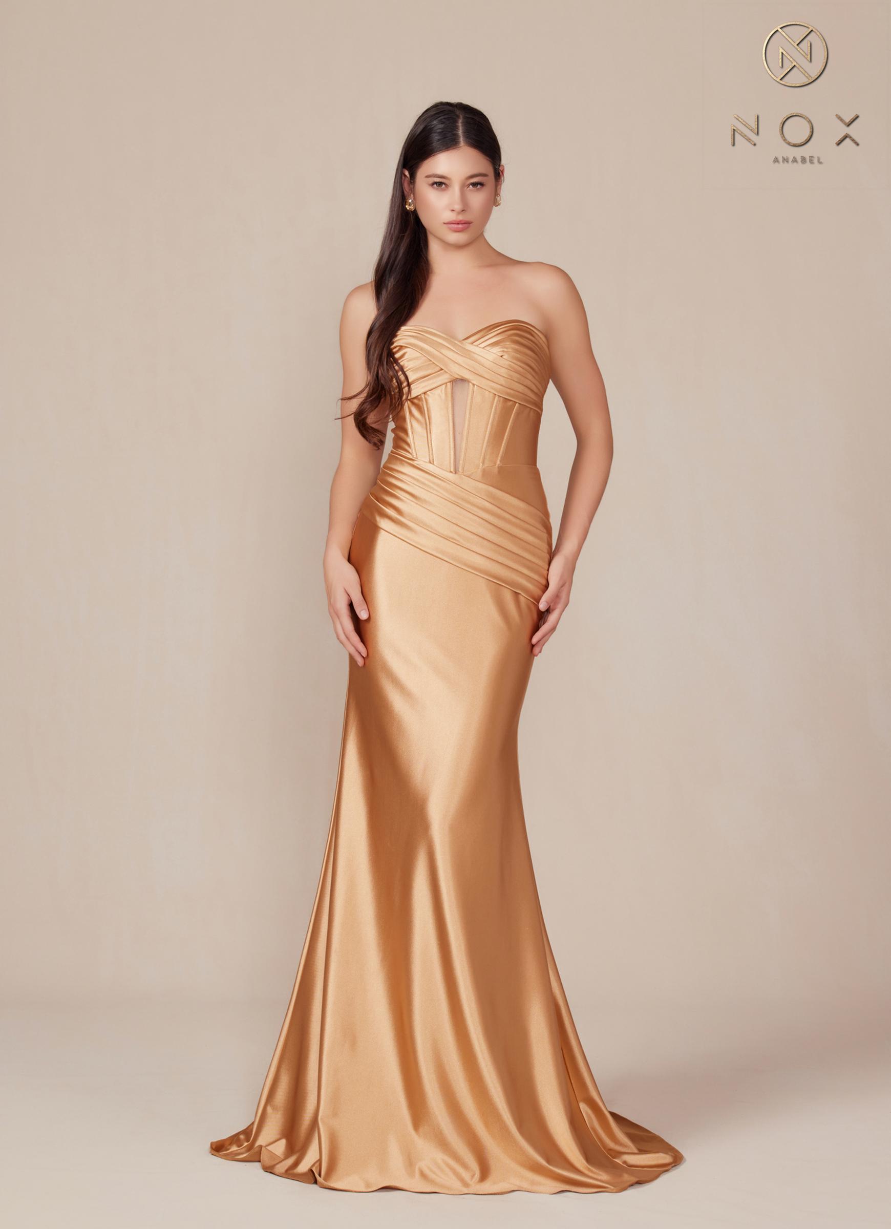 Nox Anabel T1500 Dress Satin Strapless Floor Length Keyhole Bodice by DiscountDressShop