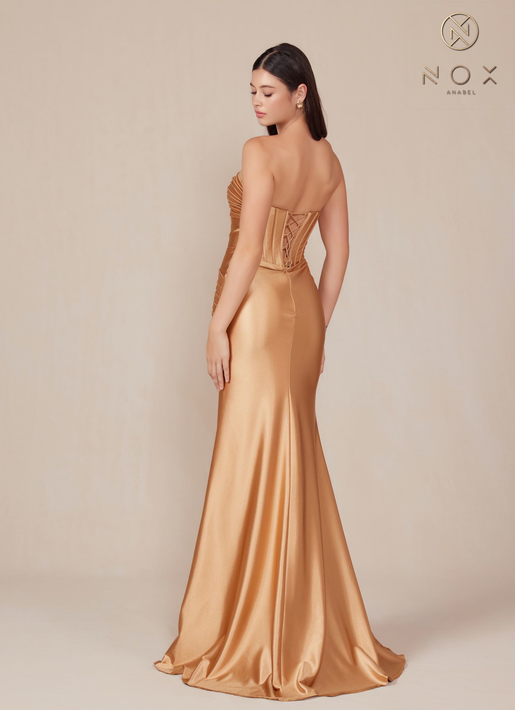 Nox Anabel T1500 Dress Satin Strapless Floor Length Keyhole Bodice by DiscountDressShop