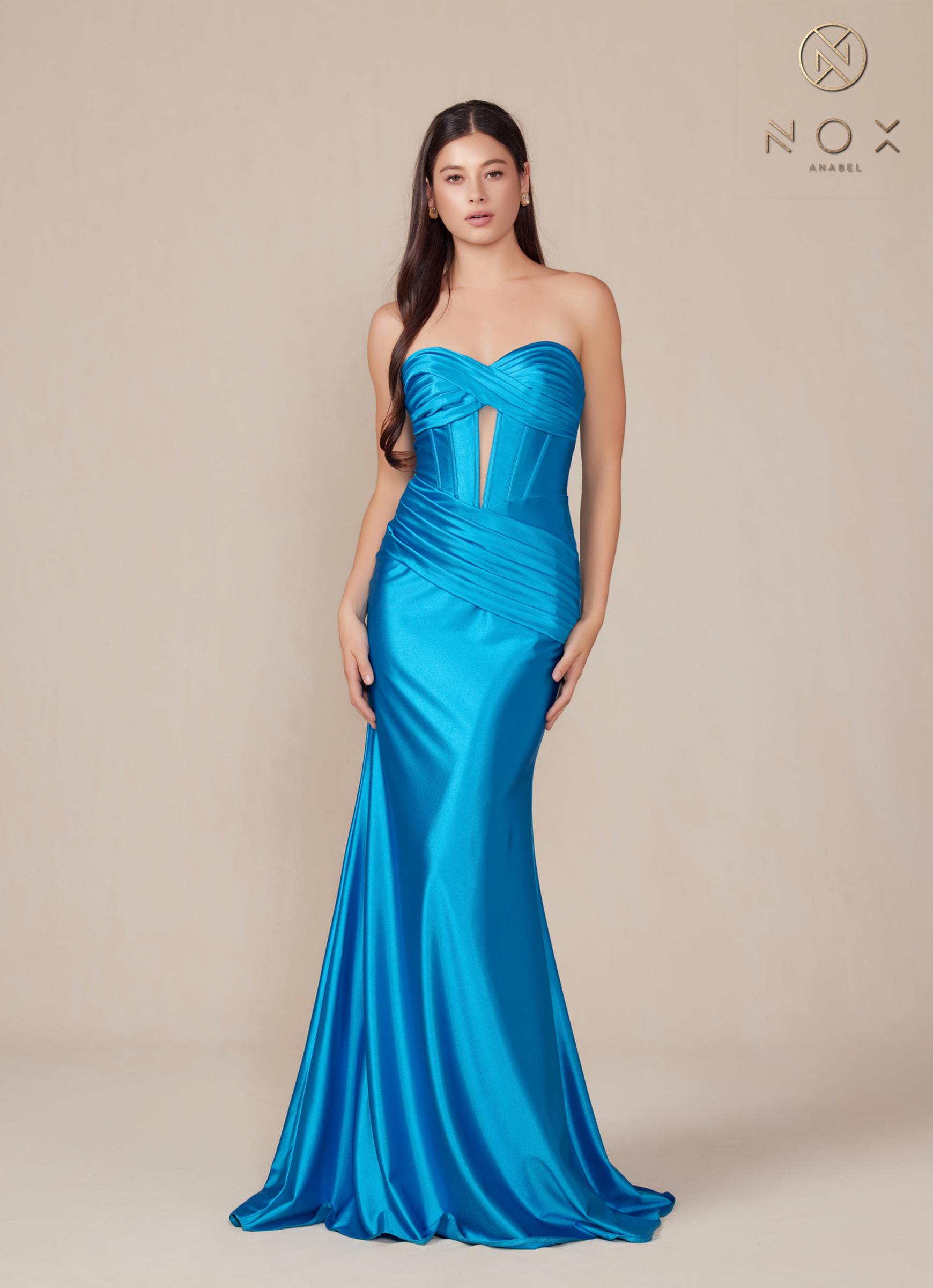 Nox Anabel T1500 Dress Satin Strapless Floor Length Keyhole Bodice by DiscountDressShop