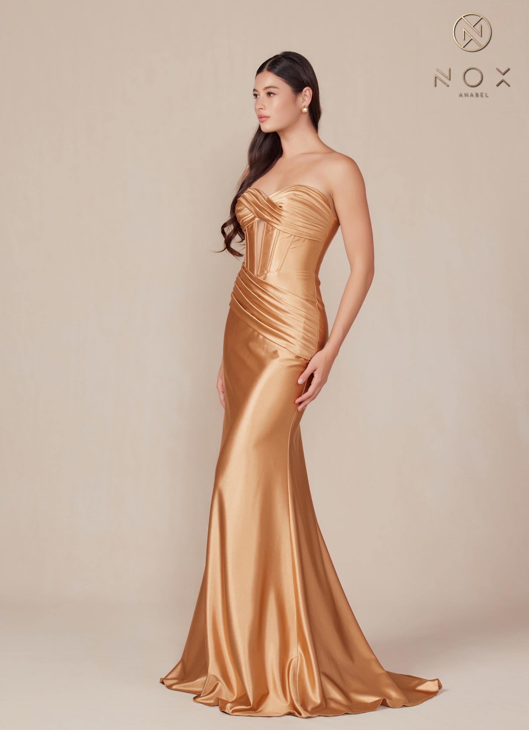 Nox Anabel T1500 Dress Satin Strapless Floor Length Keyhole Bodice by DiscountDressShop