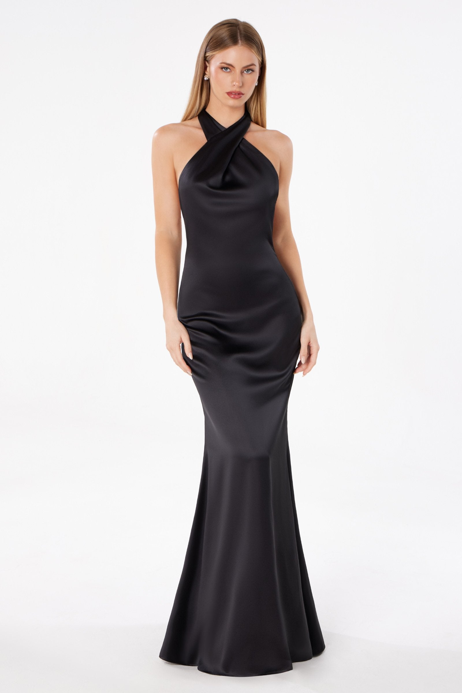 Astee T2005 Fitted Sleek Twisted Halter Top Satin Mermaid Gown by DiscountDressShop