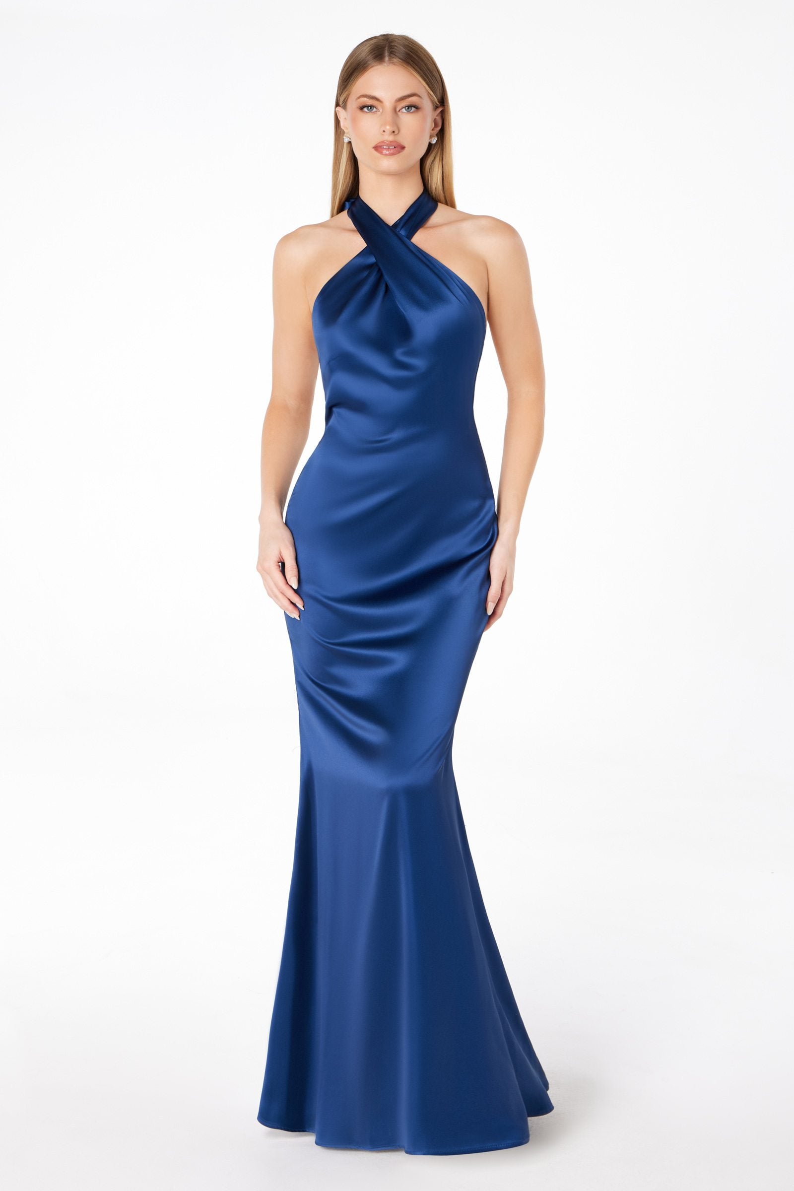 Astee T2005 Fitted Sleek Twisted Halter Top Satin Mermaid Gown by DiscountDressShop