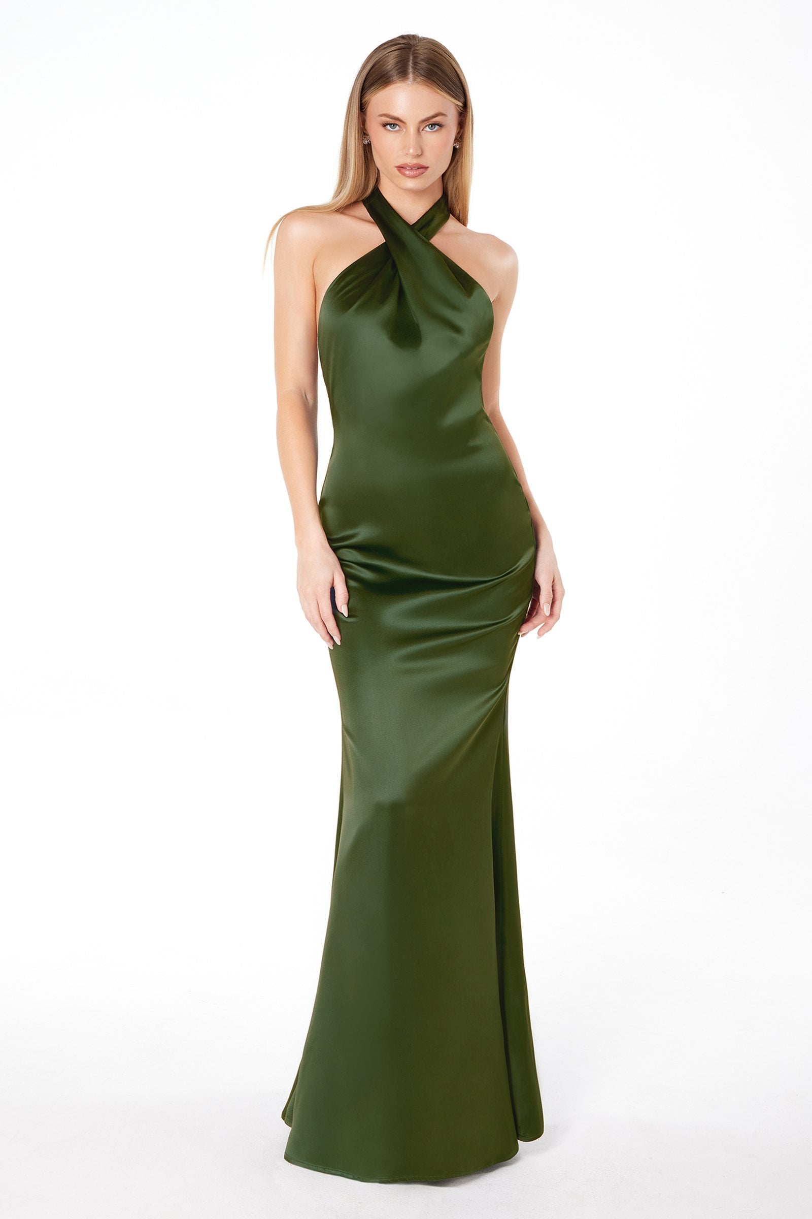 Astee T2005 Fitted Sleek Twisted Halter Top Satin Mermaid Gown by DiscountDressShop