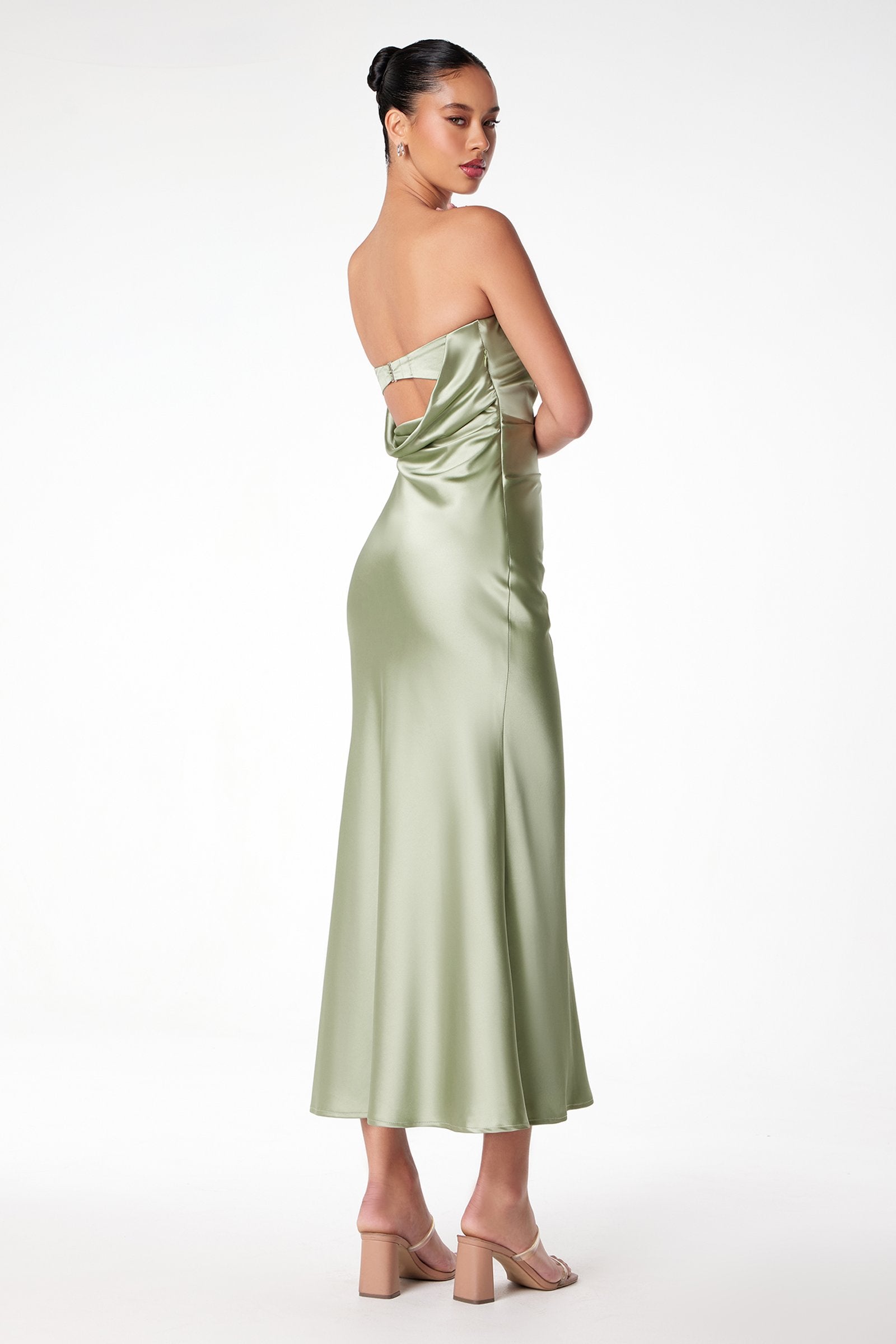 Astee T2006 Tea Length Satin Dress Cut Out Cowl-Like Back by DiscountDressShop