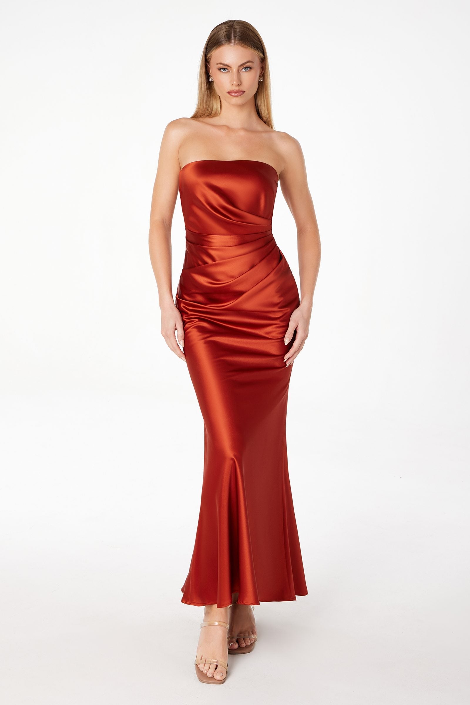 Astee T2006 Tea Length Satin Dress Cut Out Cowl-Like Back by DiscountDressShop