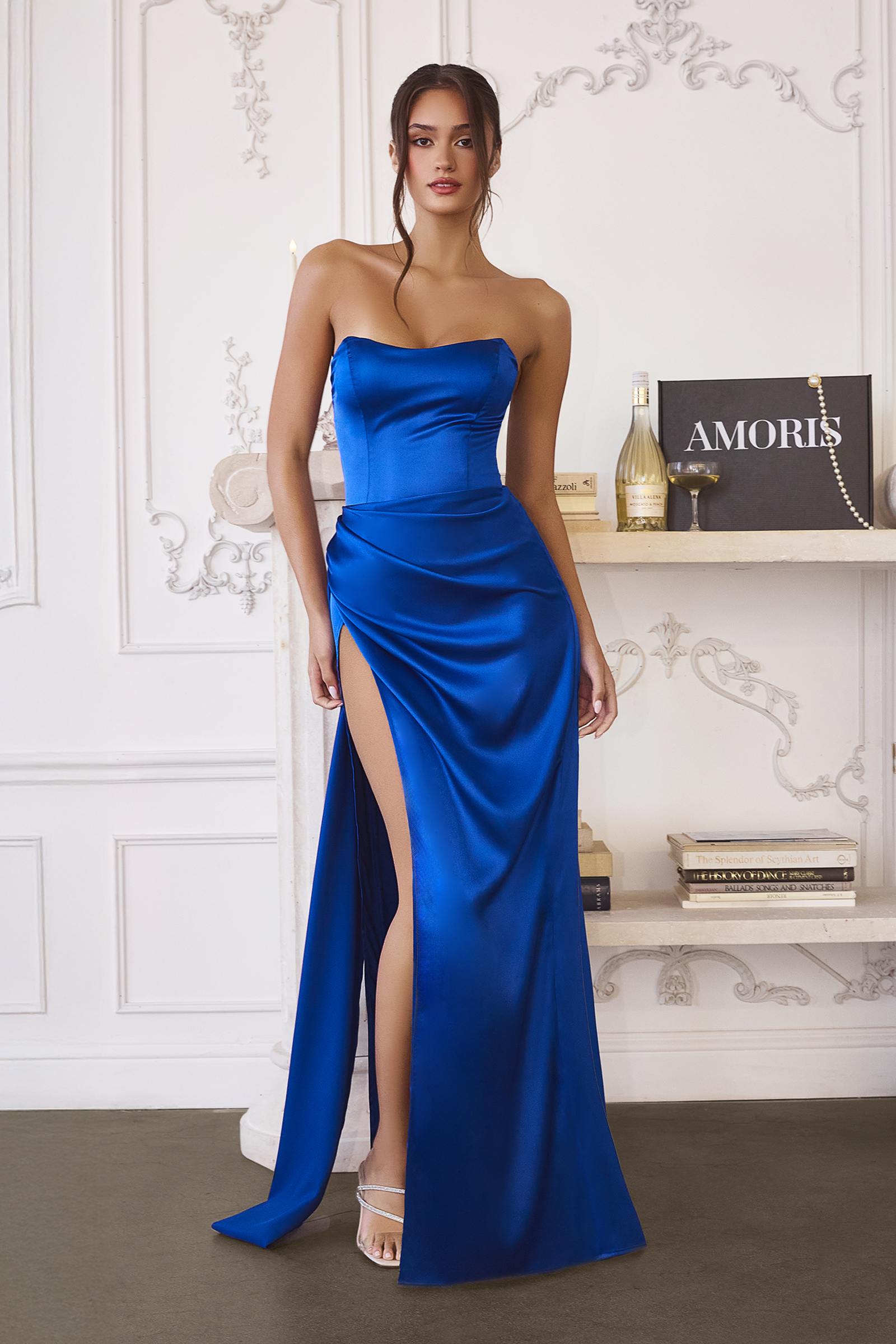 Amoris T215 Fitted Strapless Luxurious Satin Side Sash Evening Dress by DiscountDressShop