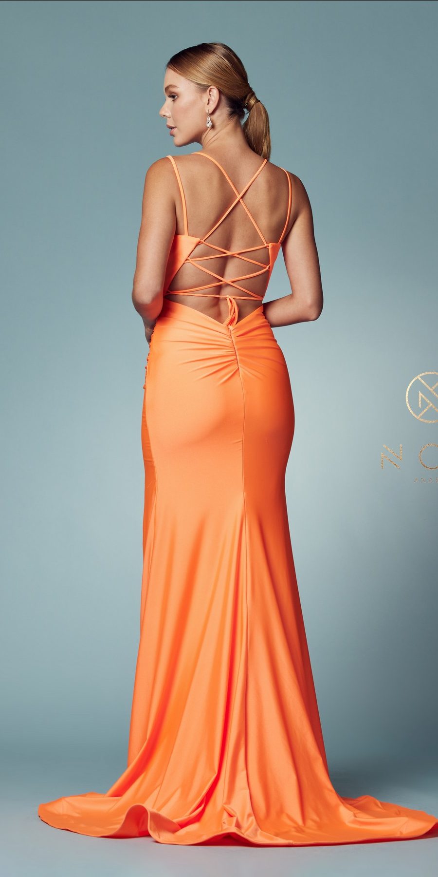 Nox Anabel T481 Long Scoop Neck Spaghetti Strap Fitted Gown Slit by DiscountDressShop