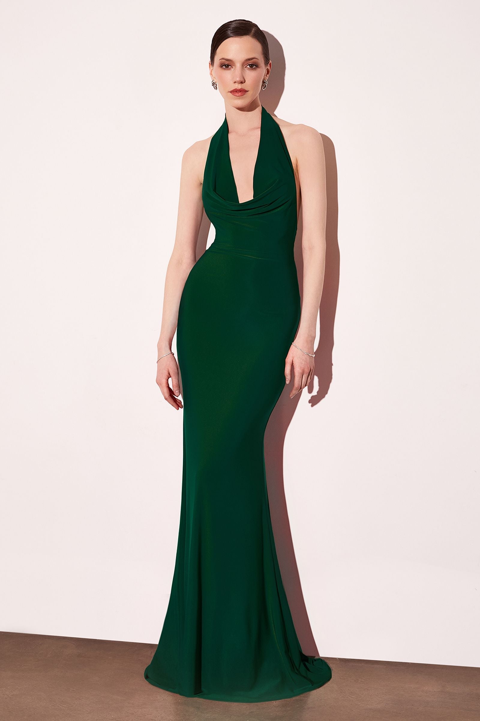 Astee T501 Long Halter V-Neckline Fitted Open Back Evening Gown by DiscountDressShop