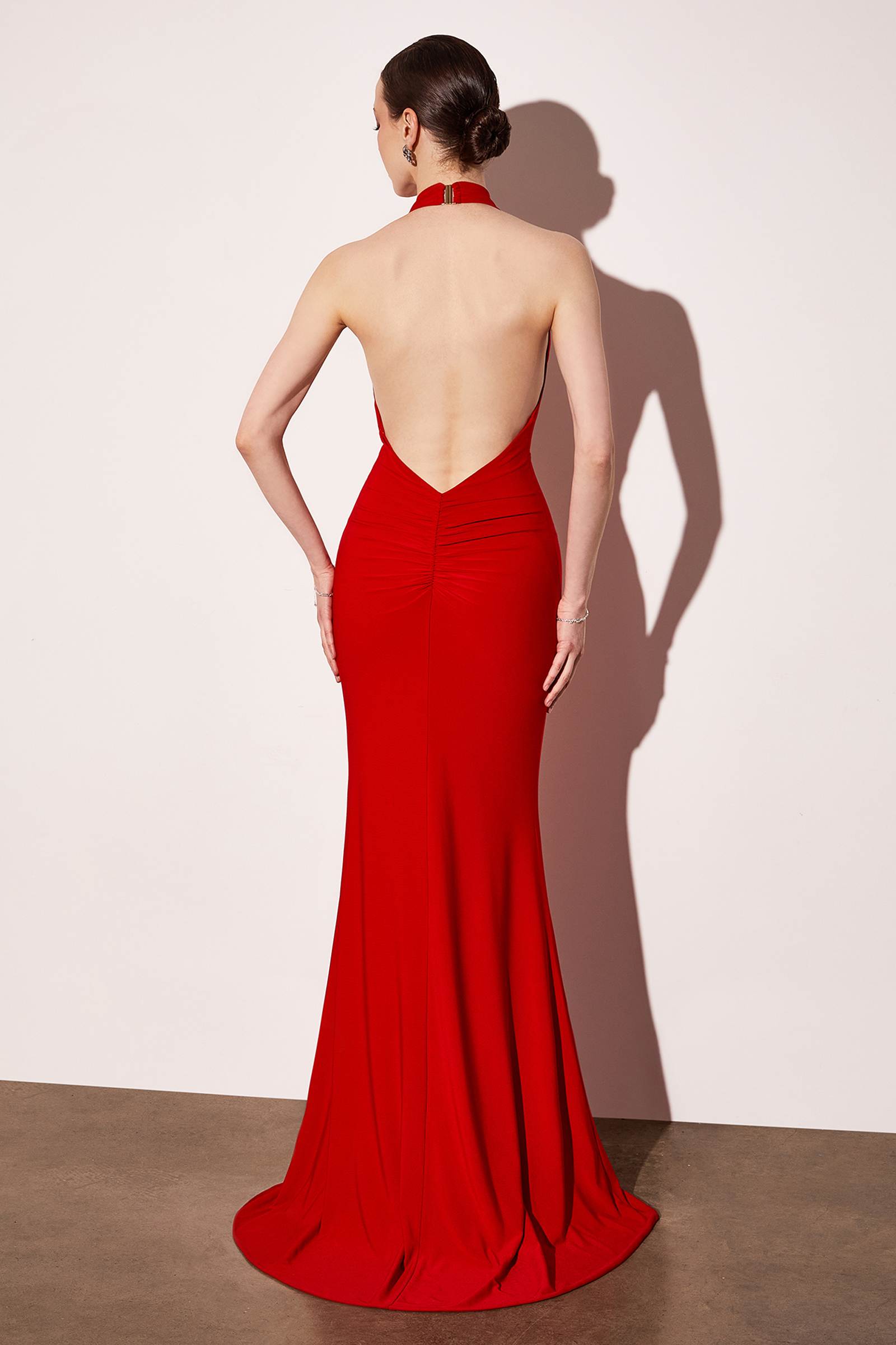 Astee T501 Long Halter V-Neckline Fitted Open Back Evening Gown by DiscountDressShop