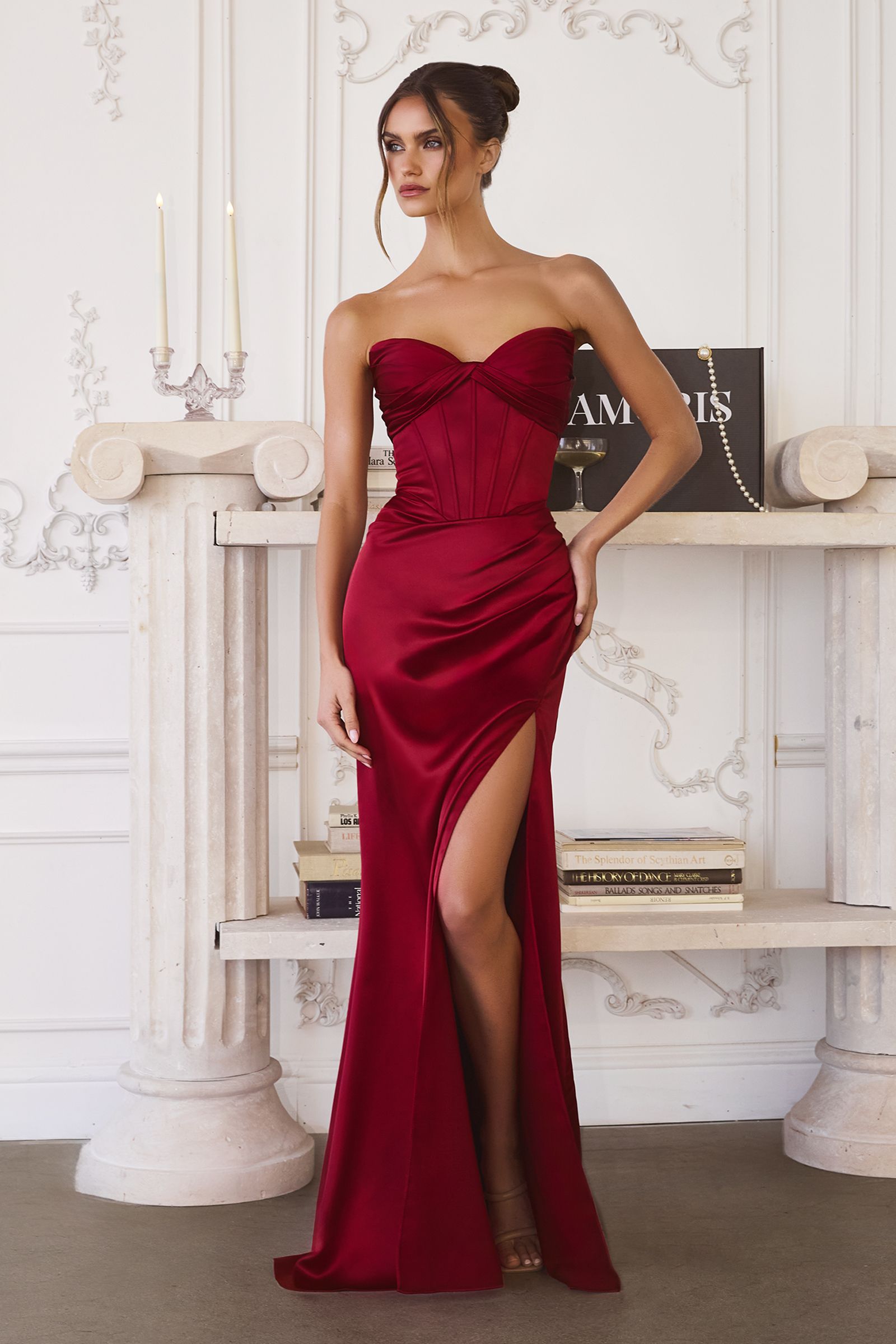 Amoris T611 Strapless Satin Gown Boned Bodice Fitted Skirt Lace-Up Back by DiscountDressShop