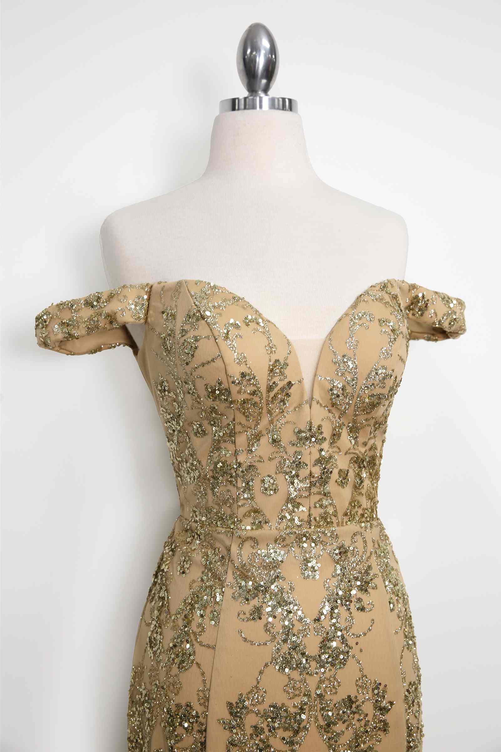 Amoris T613 Fitted Off the Shoulder Sequin Lace Sweep Train Gown by DiscountDressShop