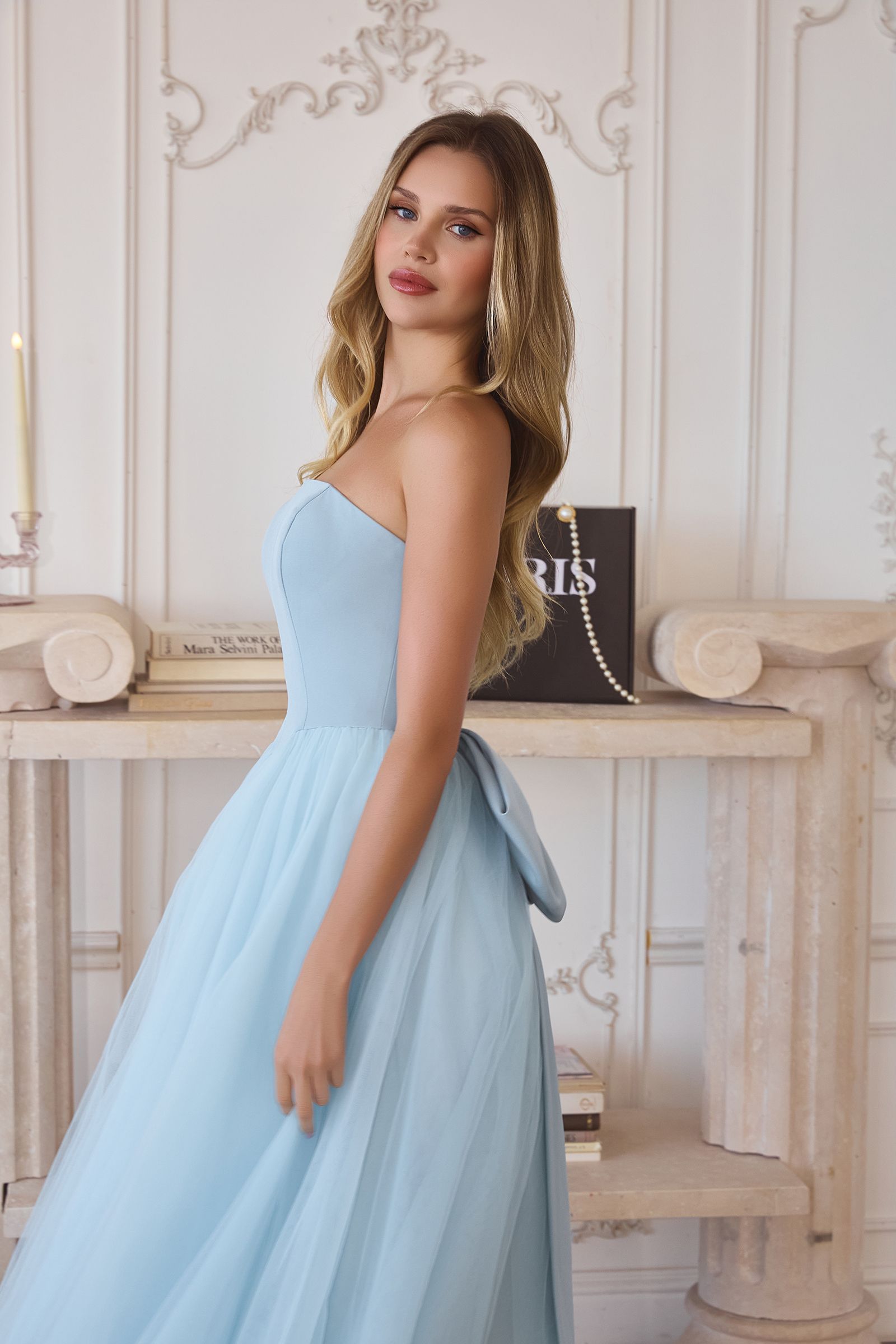 Amoris T712 Strapless Crepe Bodice A-Line Gown Layered Tulle Skirt by DiscountDressShop