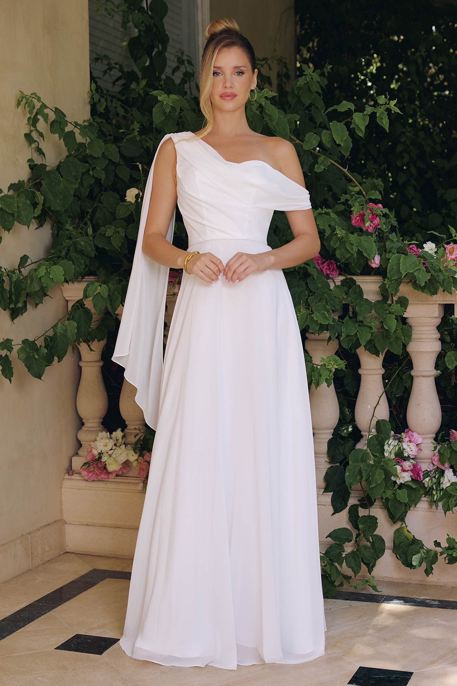 Amoris T716W One Shoulder Chiffon A-Line Off White Evening Dress by DiscountDressShop