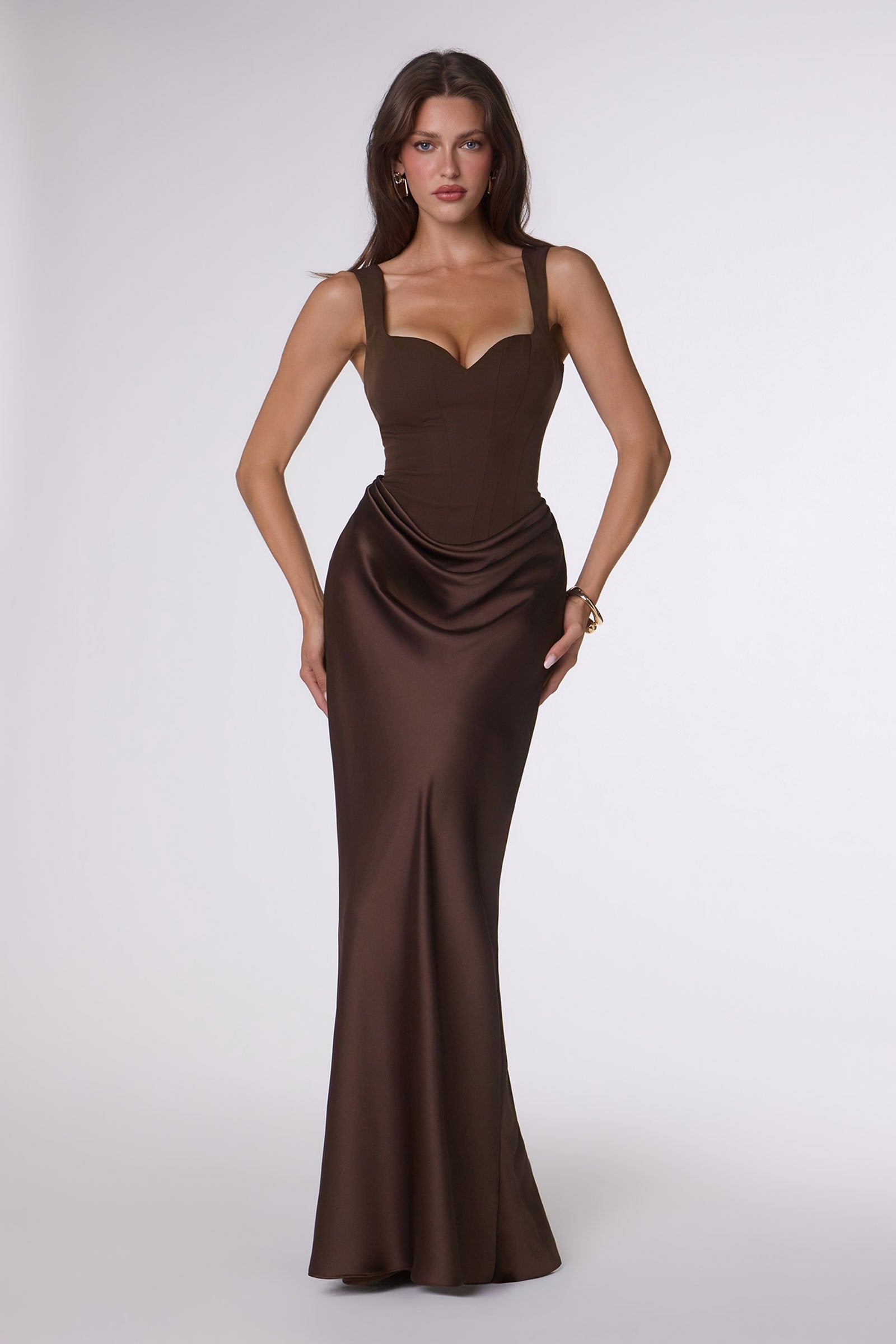 Amoris T742 Timeless Fitted Satin Formal Gown Crepe Bodice by DiscountDressShop