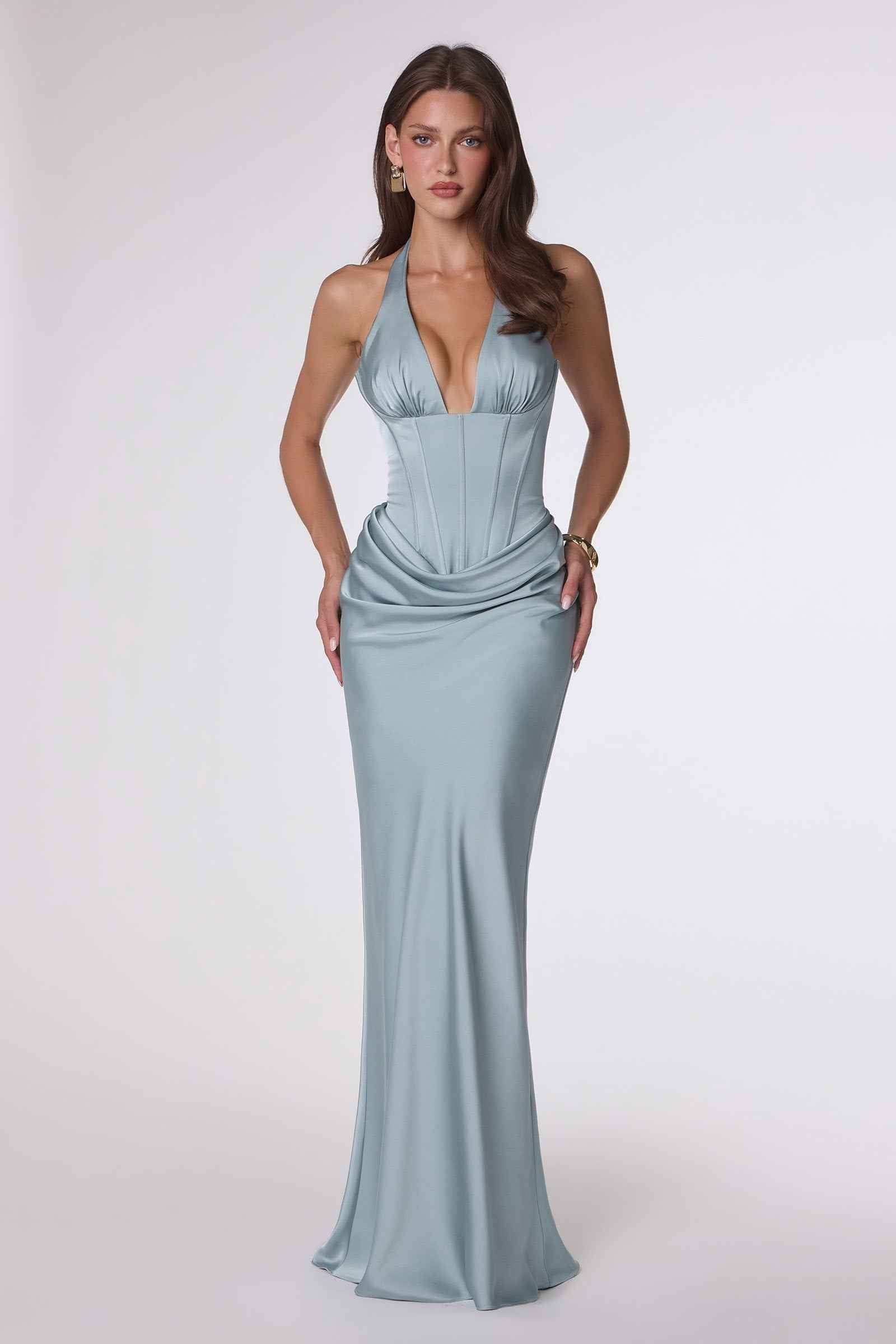 Amoris T743 Fitted Floor Length Satin Gown Plunging Neckline DestGlow