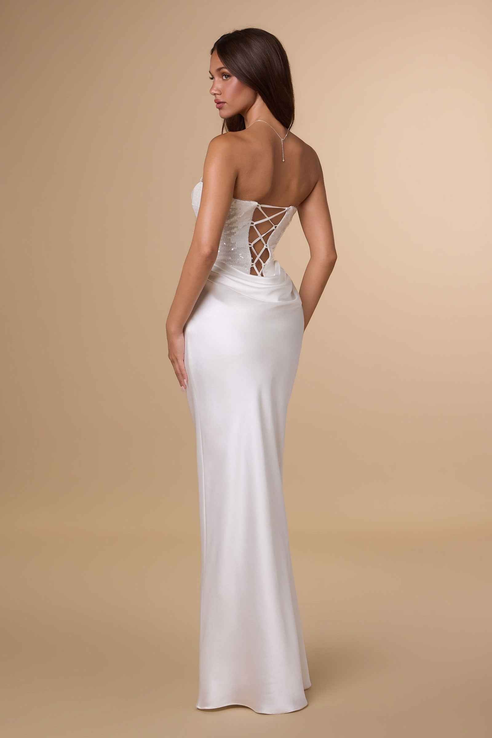 Amoris T744W Strapless Sequin Bodice Satin Skirt Off White Formal Dress DestGlow