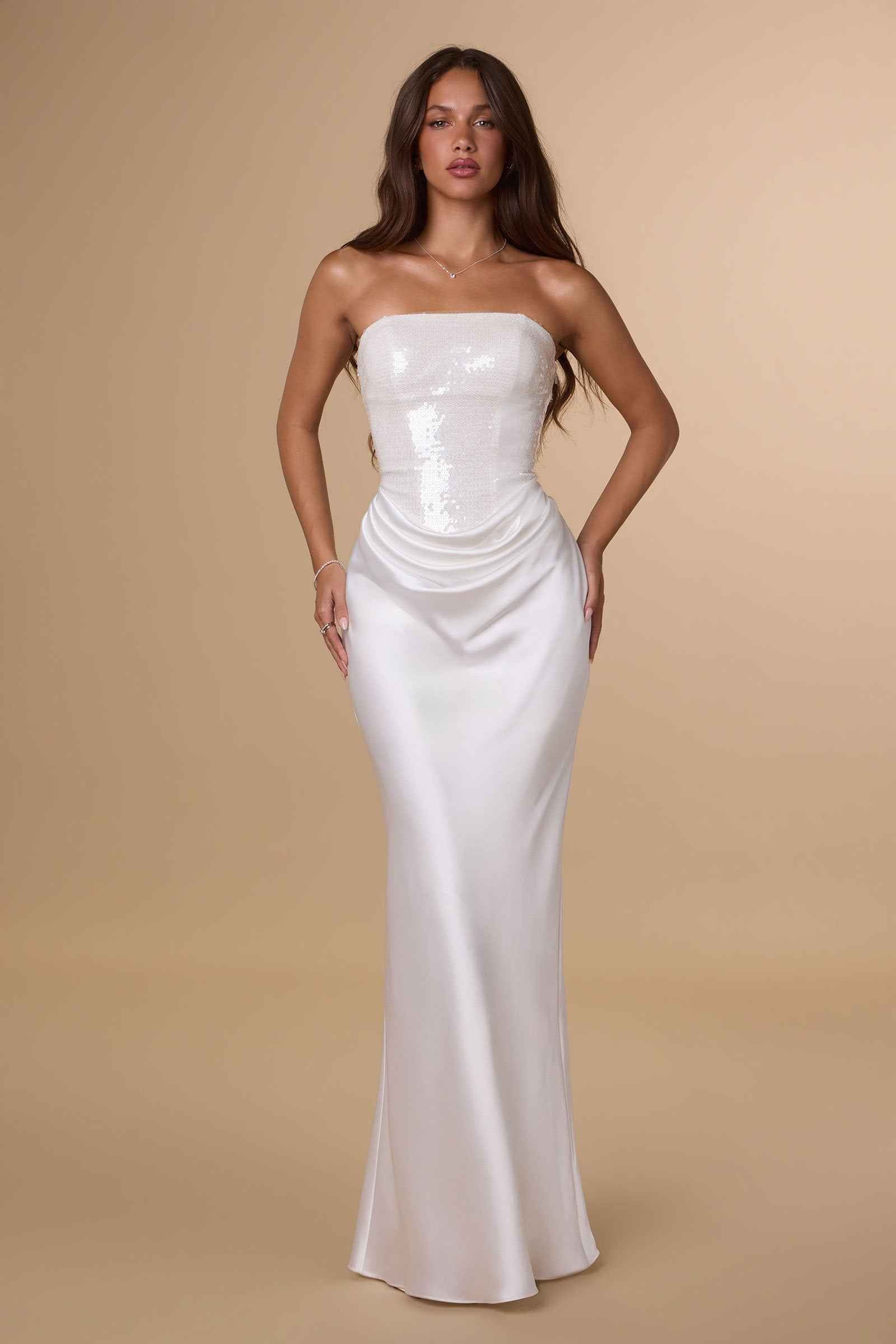 Amoris T744W Strapless Sequin Bodice Satin Skirt Off White Formal Dress DestGlow