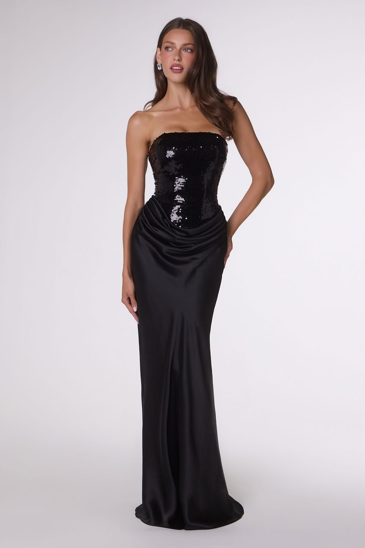 Amoris T744 Strapless Sequin Bodice Satin Skirt Formal Dress DestGlow