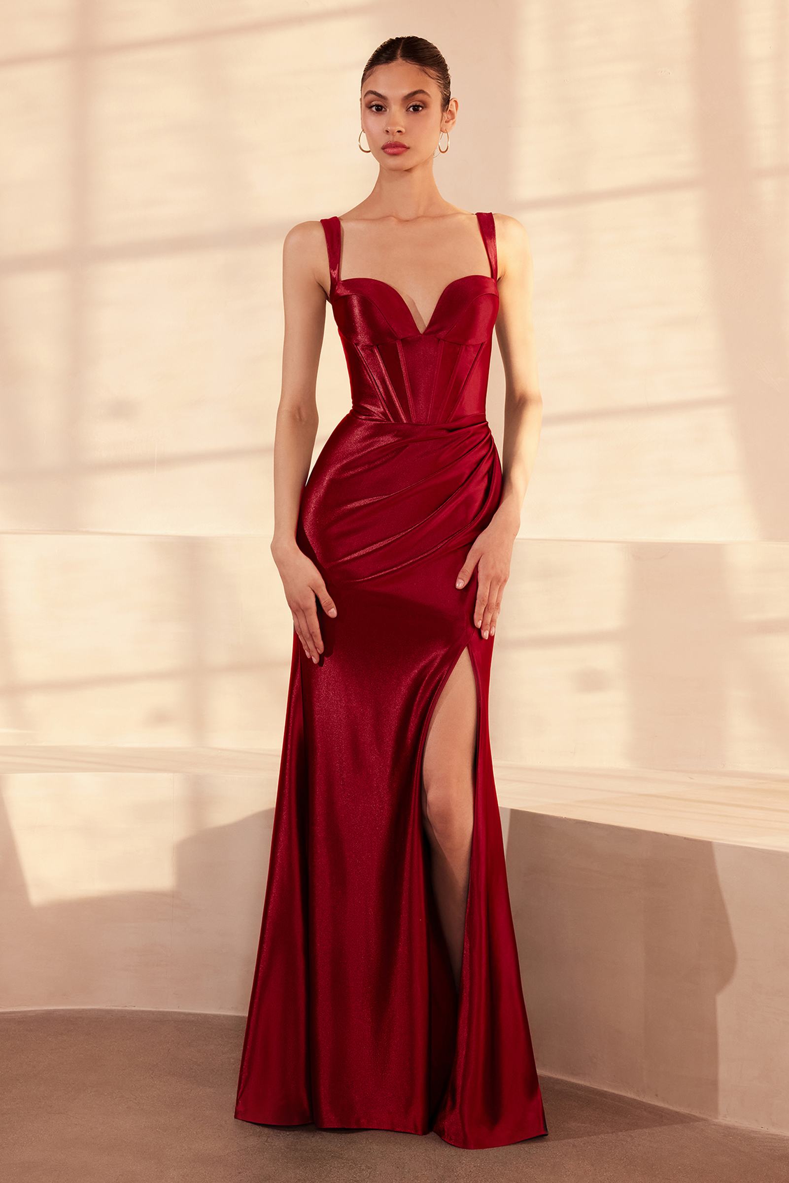 Ladivine Amoris T813 Long Fitted Corset Bodice Satin Prom Gown by DiscountDressShop