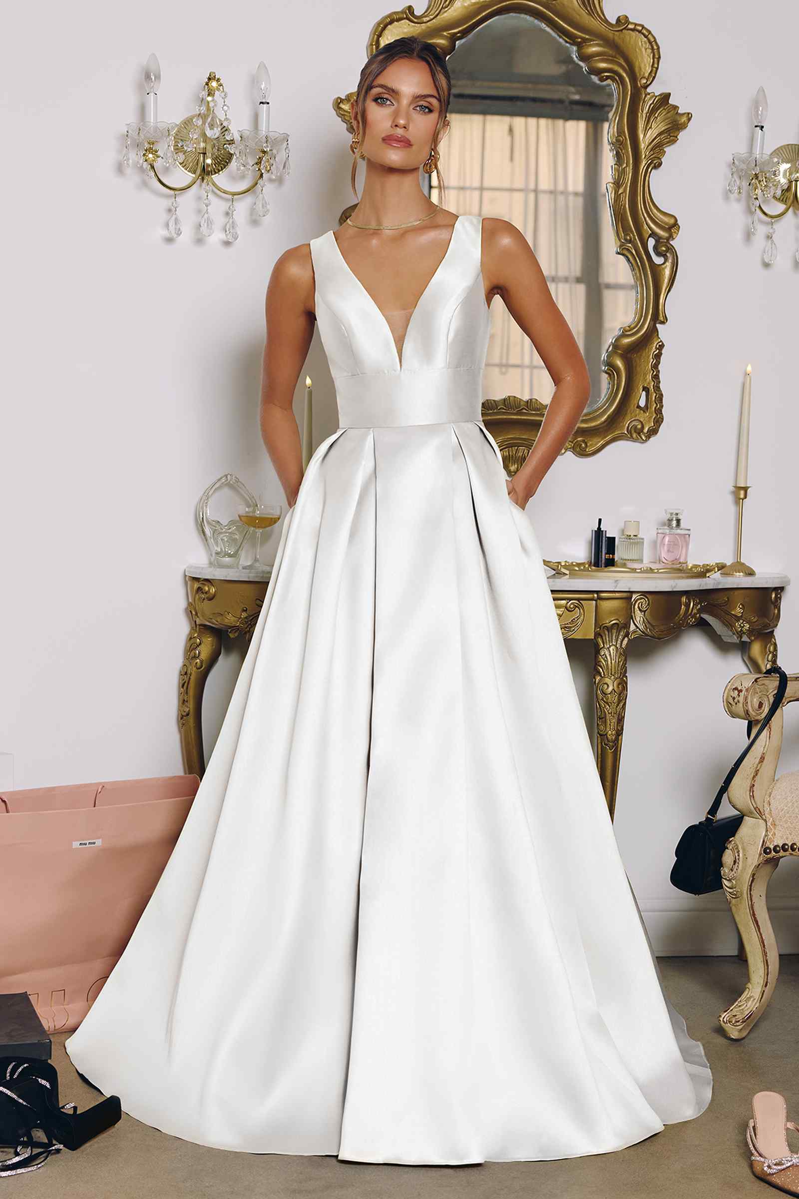 Amoris T814W V-Neckline Satin A-Line Mikado Bridal Gown DestGlow