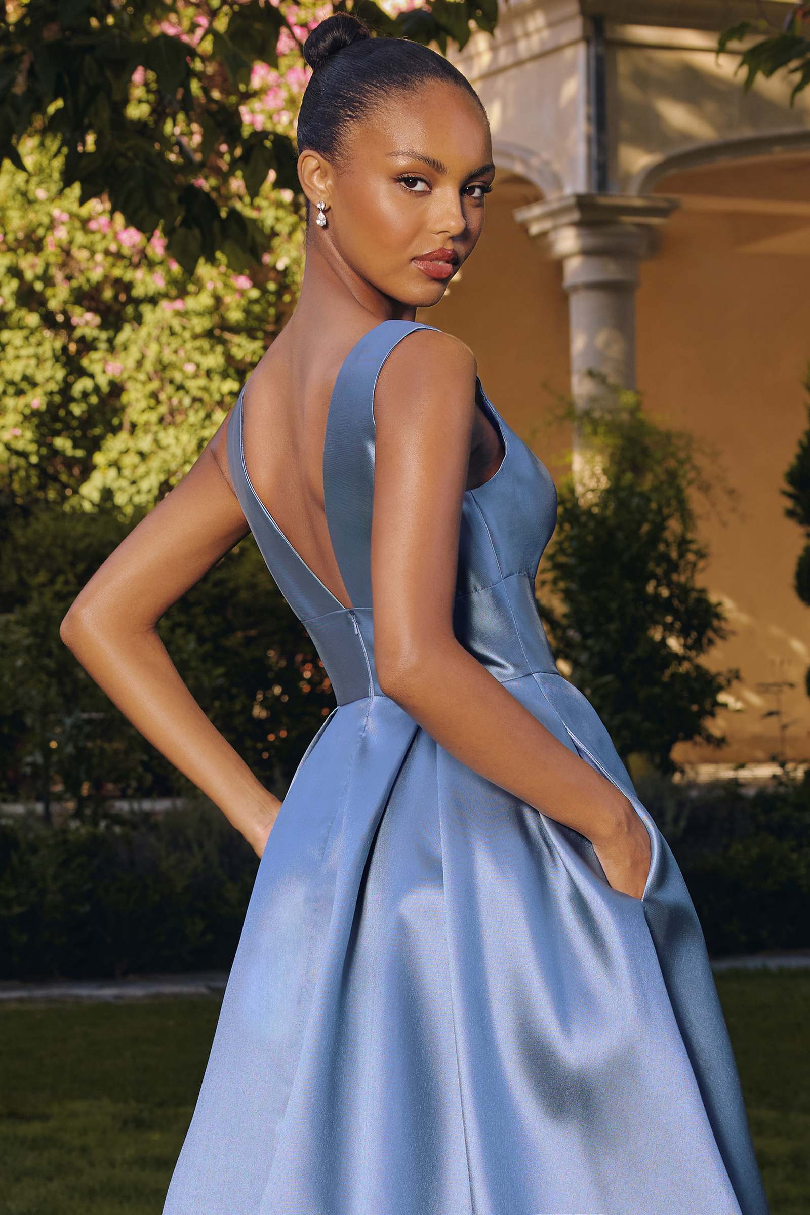 Amoris T814 Long V-Neckline A-Line Satin Dress with Pockets by DiscountDressShop