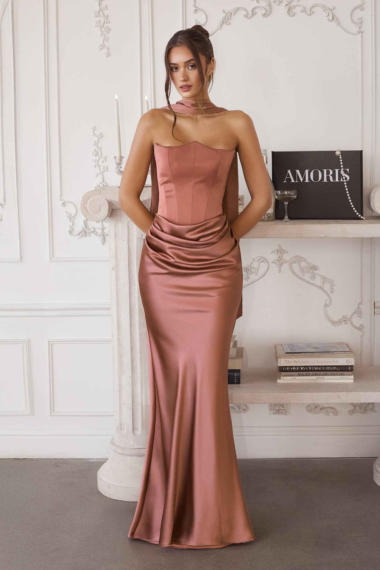 Amoris T816 Matte Satin Bodice Detachable Scarf Column Dress by DiscountDressShop