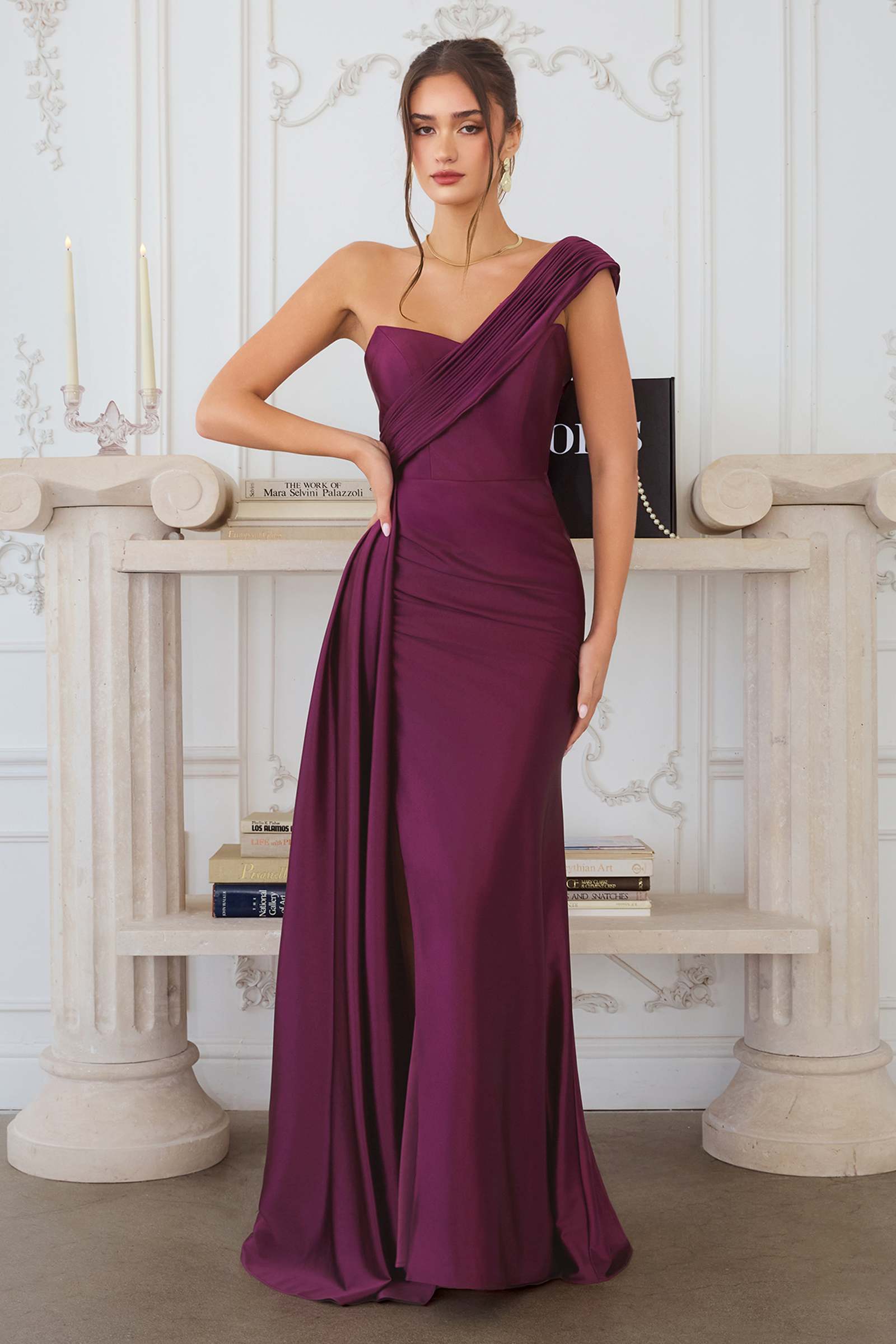 Amoris T817 Long One Shoulder Fitted Evening Dress Side Sash by DiscountDressShop