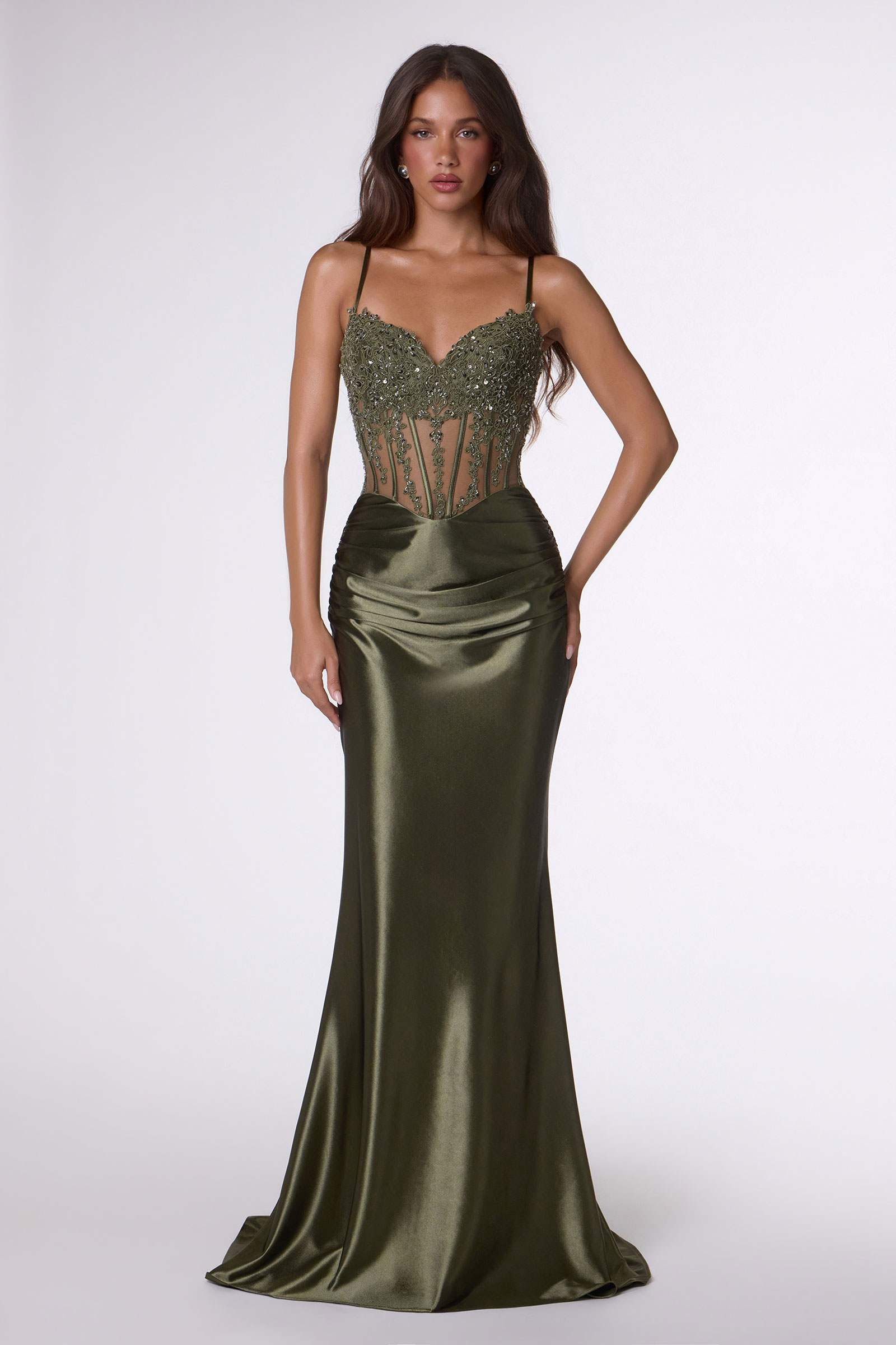 Amoris T819 Sleek Fitted Stretch Satin Sheer Corset Mermaid Gown by DiscountDressShop