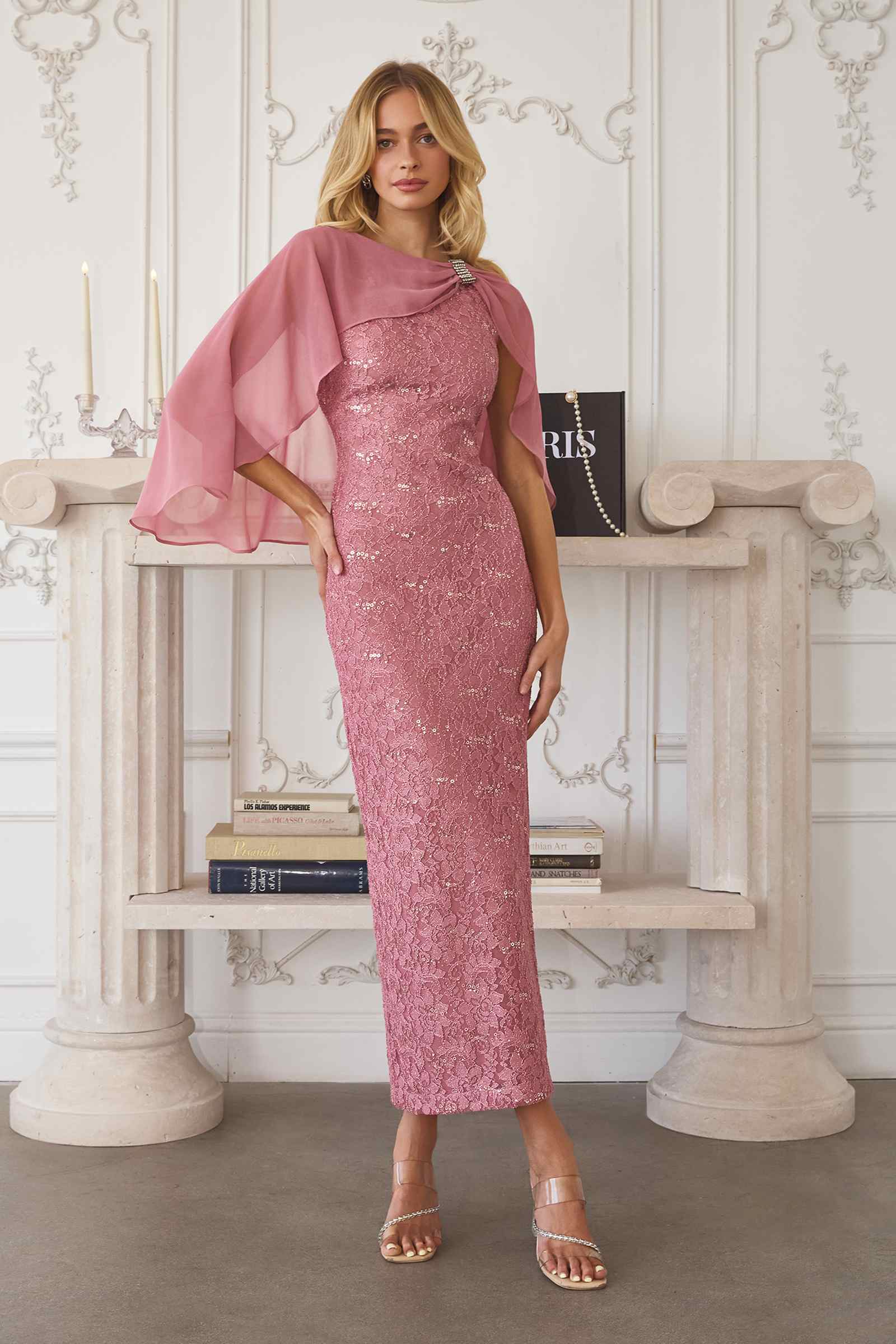 Amoris T906 Sequin Lace Gown Detachable Sheer Cape Overlay DestGlow