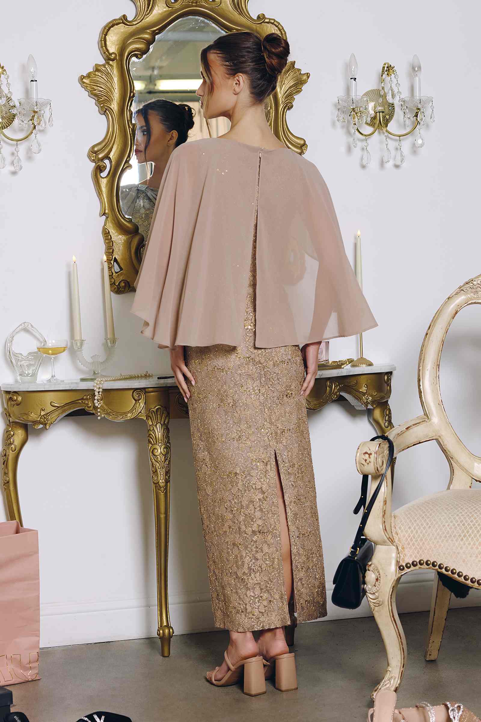Amoris T906 Sequin Lace Gown Detachable Sheer Cape Overlay DestGlow
