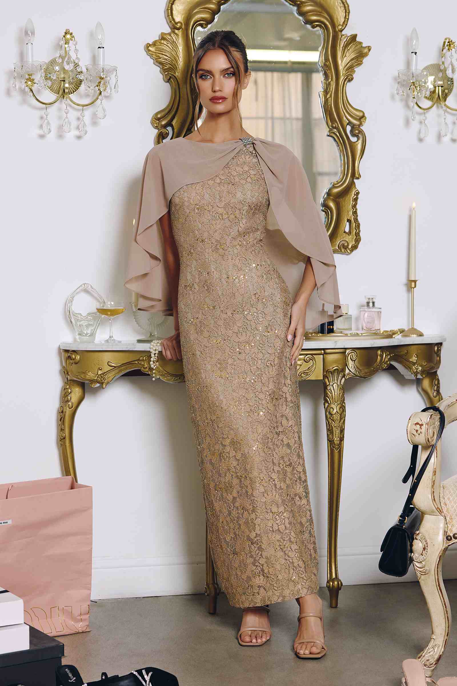 Amoris T906 Sequin Lace Gown Detachable Sheer Cape Overlay DestGlow