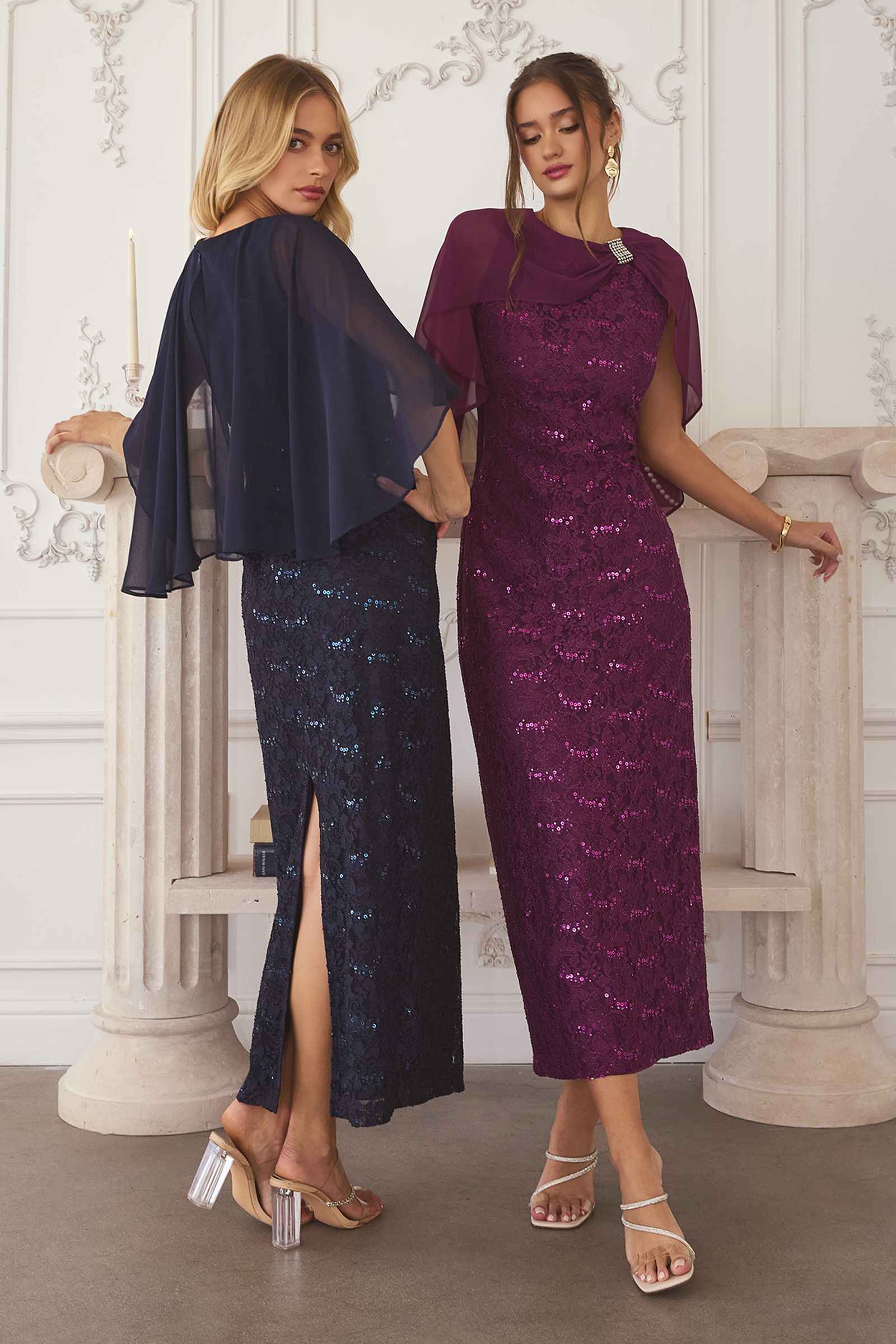 Amoris T906 Sequin Lace Gown Detachable Sheer Cape Overlay DestGlow