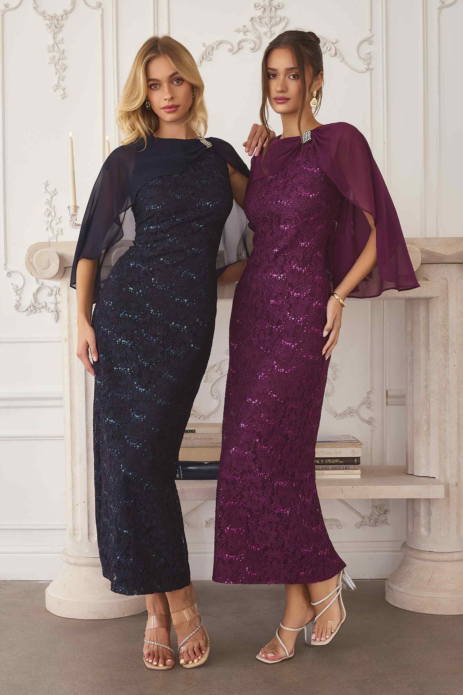 Amoris T906 Sequin Lace Gown Detachable Sheer Cape Overlay DestGlow