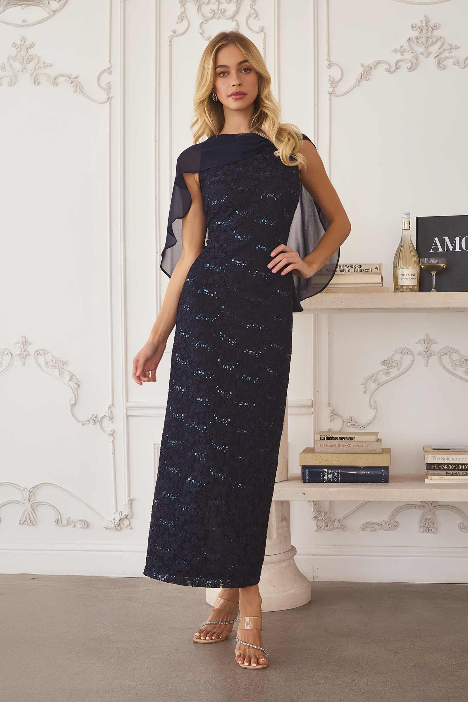 Amoris T906 Sequin Lace Gown Detachable Sheer Cape Overlay DestGlow