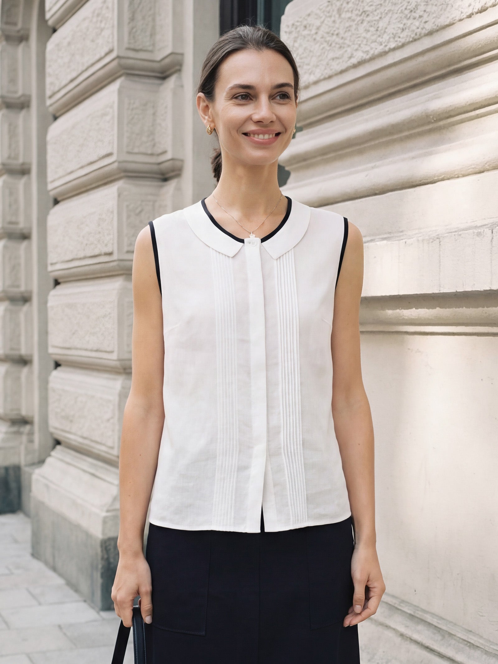 Linen-Lyocell Contrast Trim Pleated Sleeveless Top JUNIPER by LINTICO