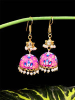 Joban Fashion Pink Brass Meenakai Hand Painted Jhumka With Pachi Kundan Earring