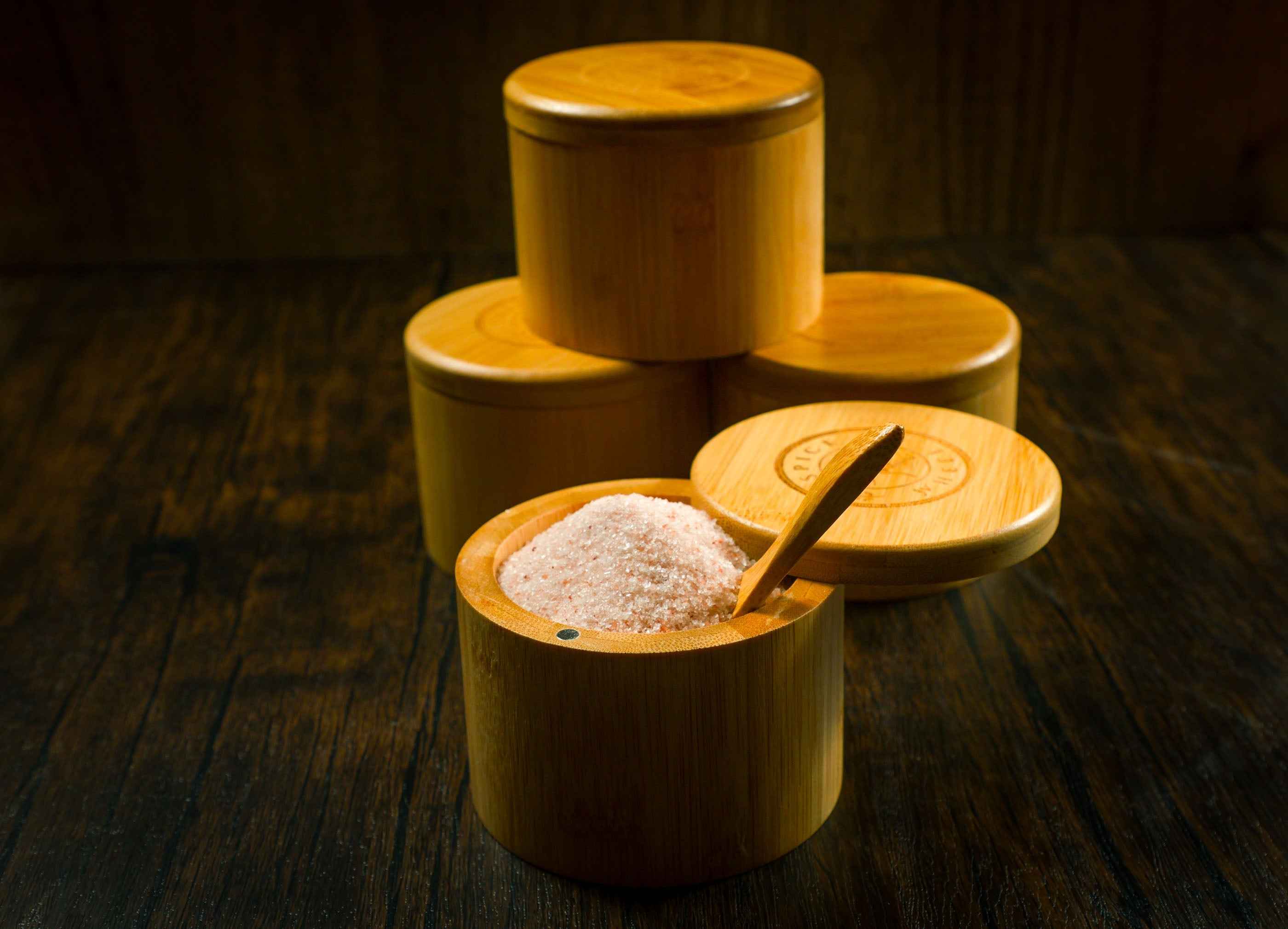 Bamboo Salt Container filled with Pink Himalayan Salt
