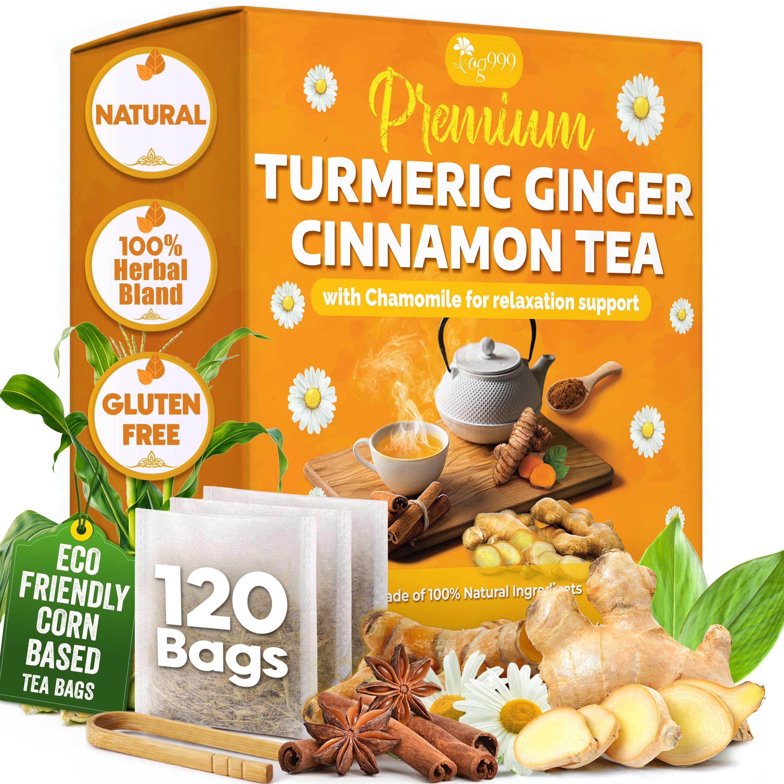 Premium Turmeric, Ginger, Cinnamon & Chamomile Flowers Tea | Improve Digestion, Support Brain, Weight, Skin and Sleep, Eco-Conscious Tea Bags by FreshDrinkUS - Natural and Premium Herbal Tea