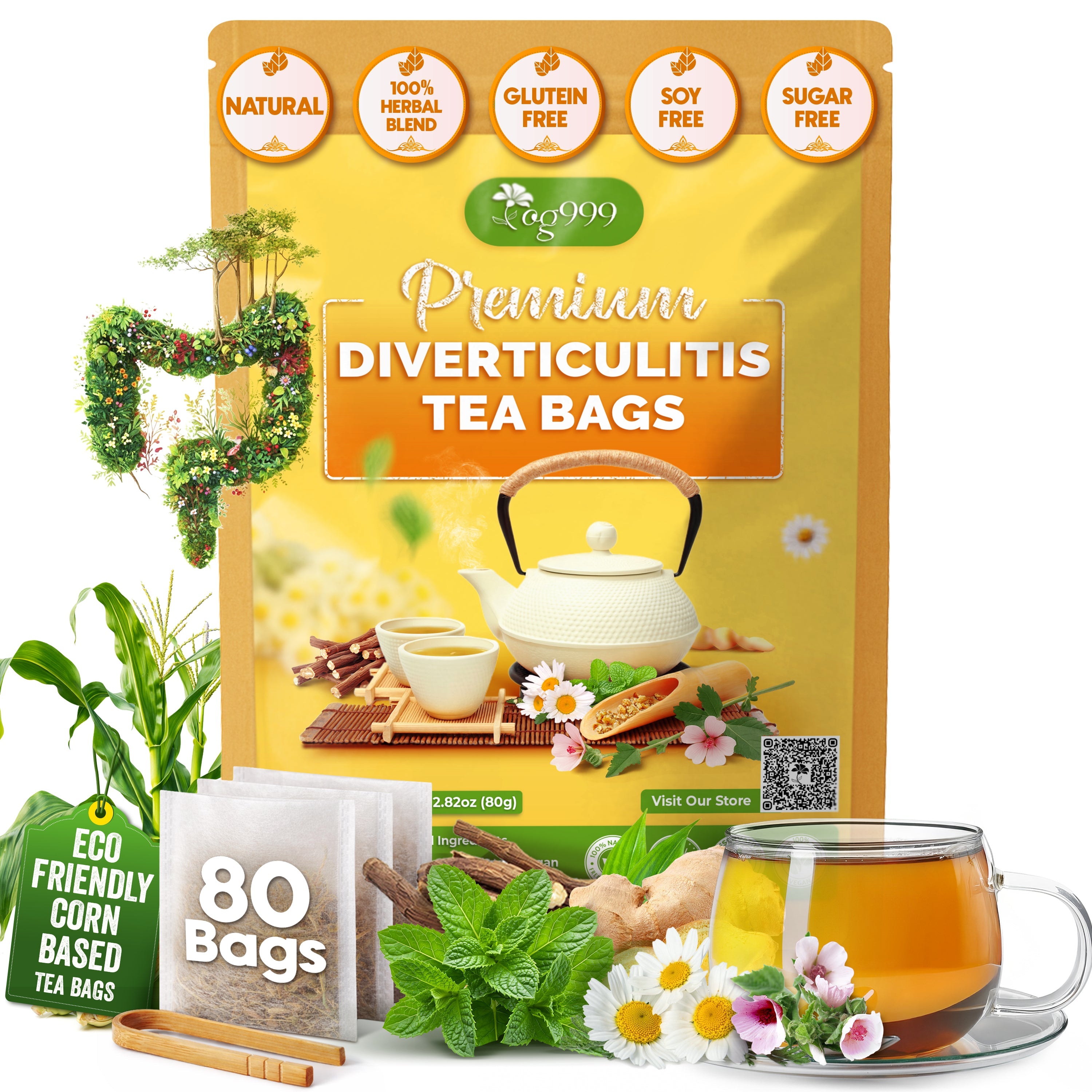 Premium Diverticulitis Tea Bags | 100% Natural Chamomile, Peppermint, Marshmallow Leaf, Wild Yam Root, Licorice & Ginger Herbal Blend by FreshDrinkUS - Natural and Premium Herbal Tea