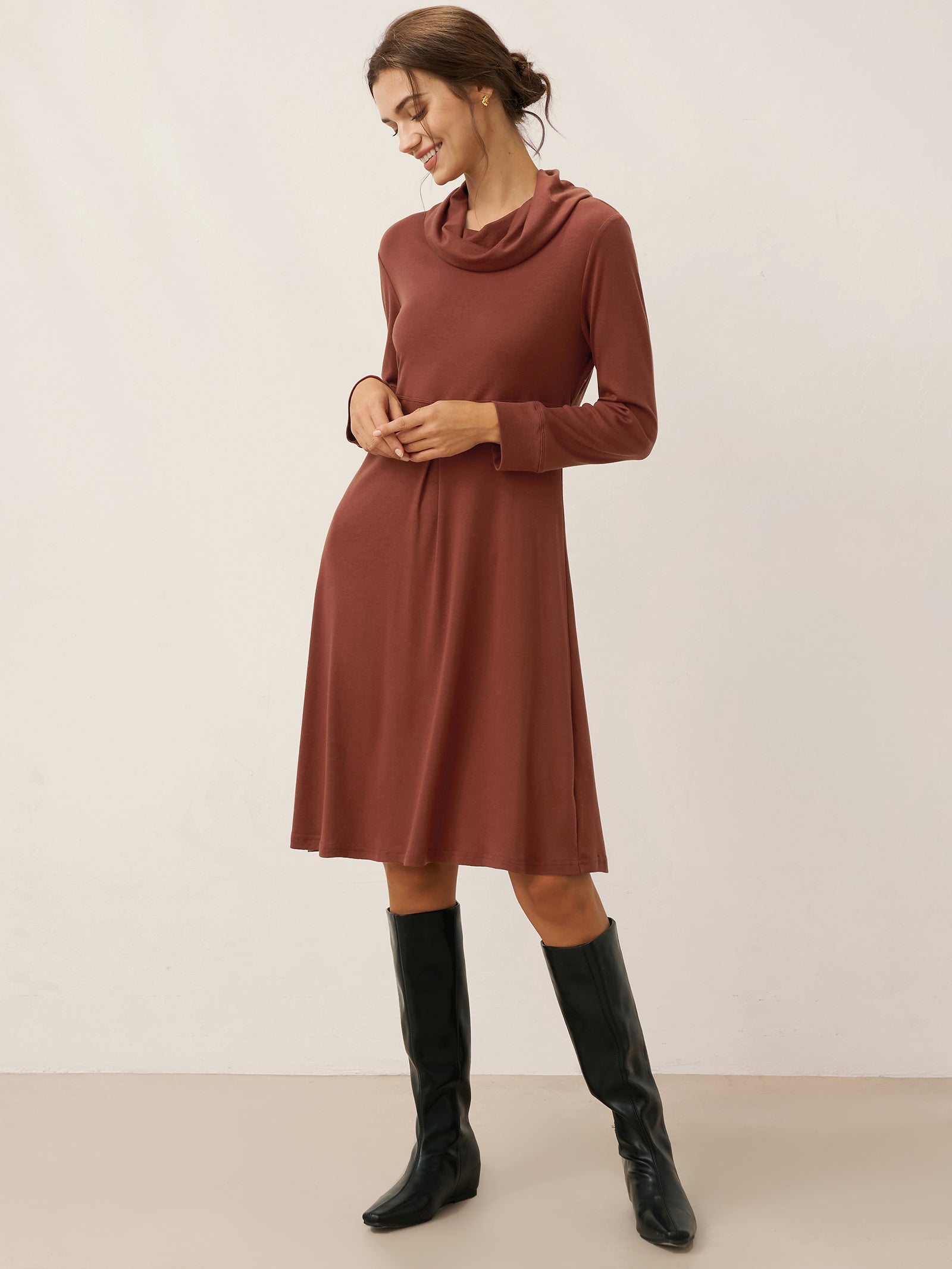 Lyocell Wool Draped Neck Stretch Midi Dress KIRA by LINTICO