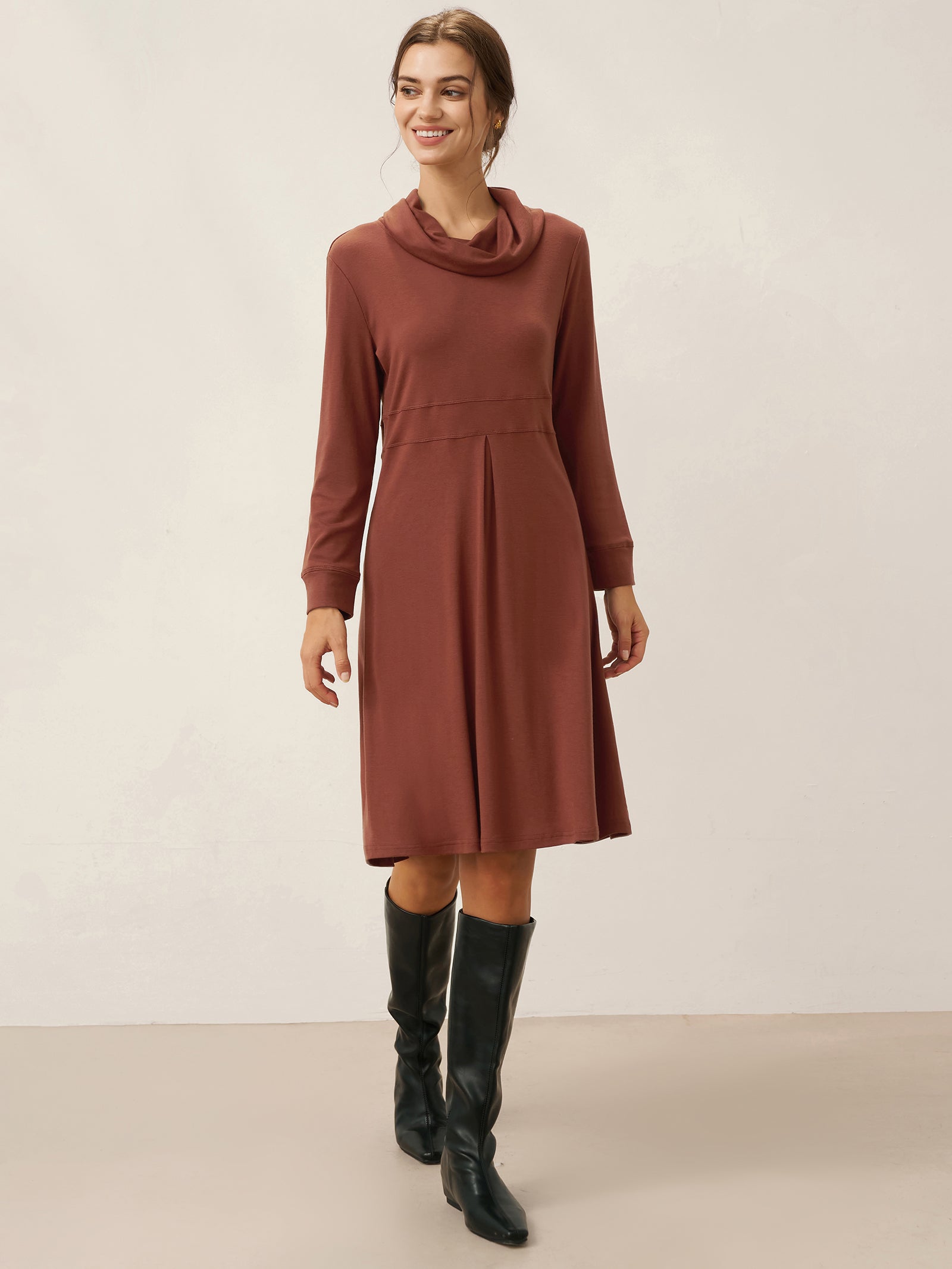 Lyocell Wool Draped Neck Stretch Midi Dress KIRA by LINTICO