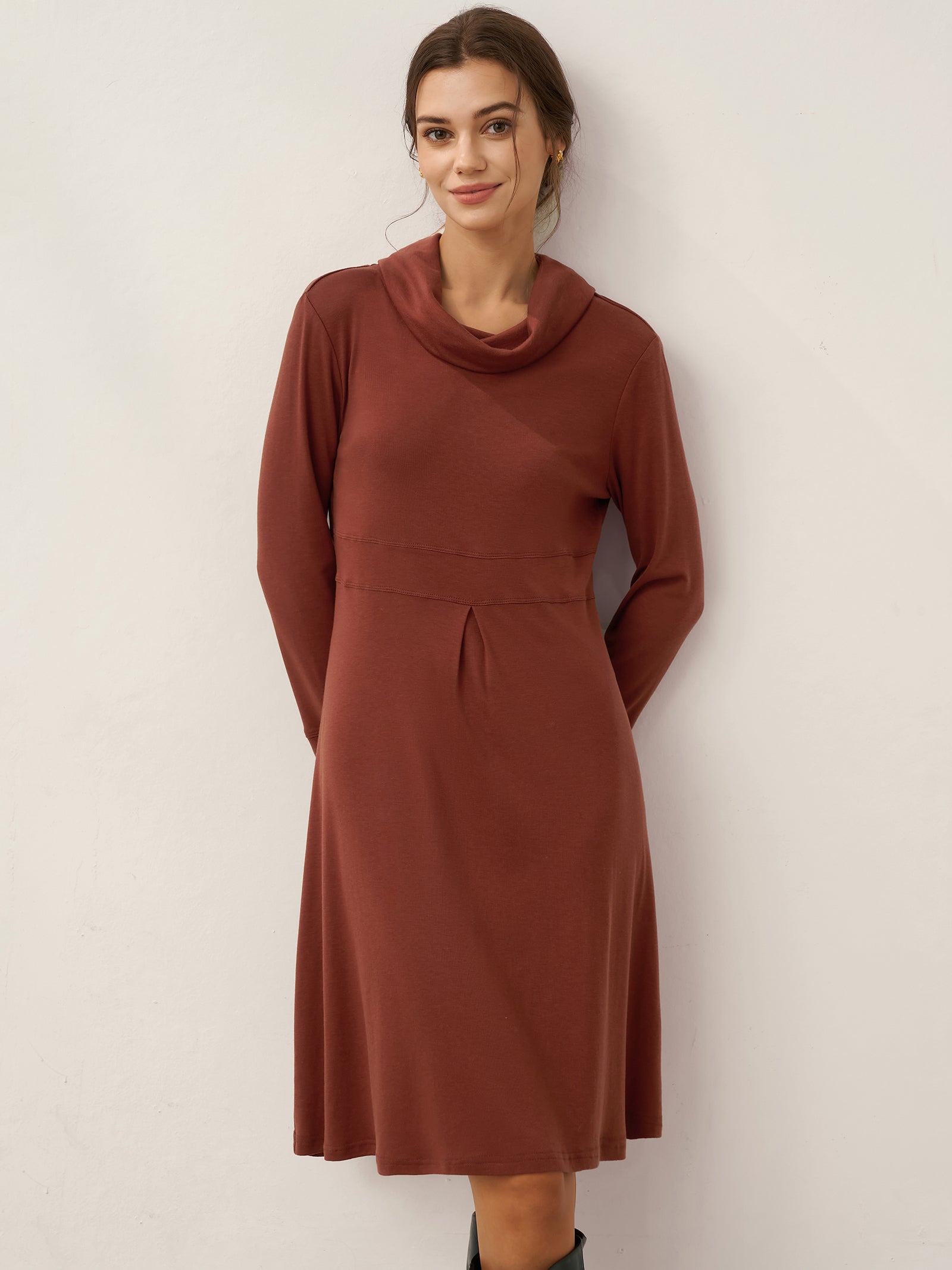 Lyocell Wool Draped Neck Stretch Midi Dress KIRA by LINTICO