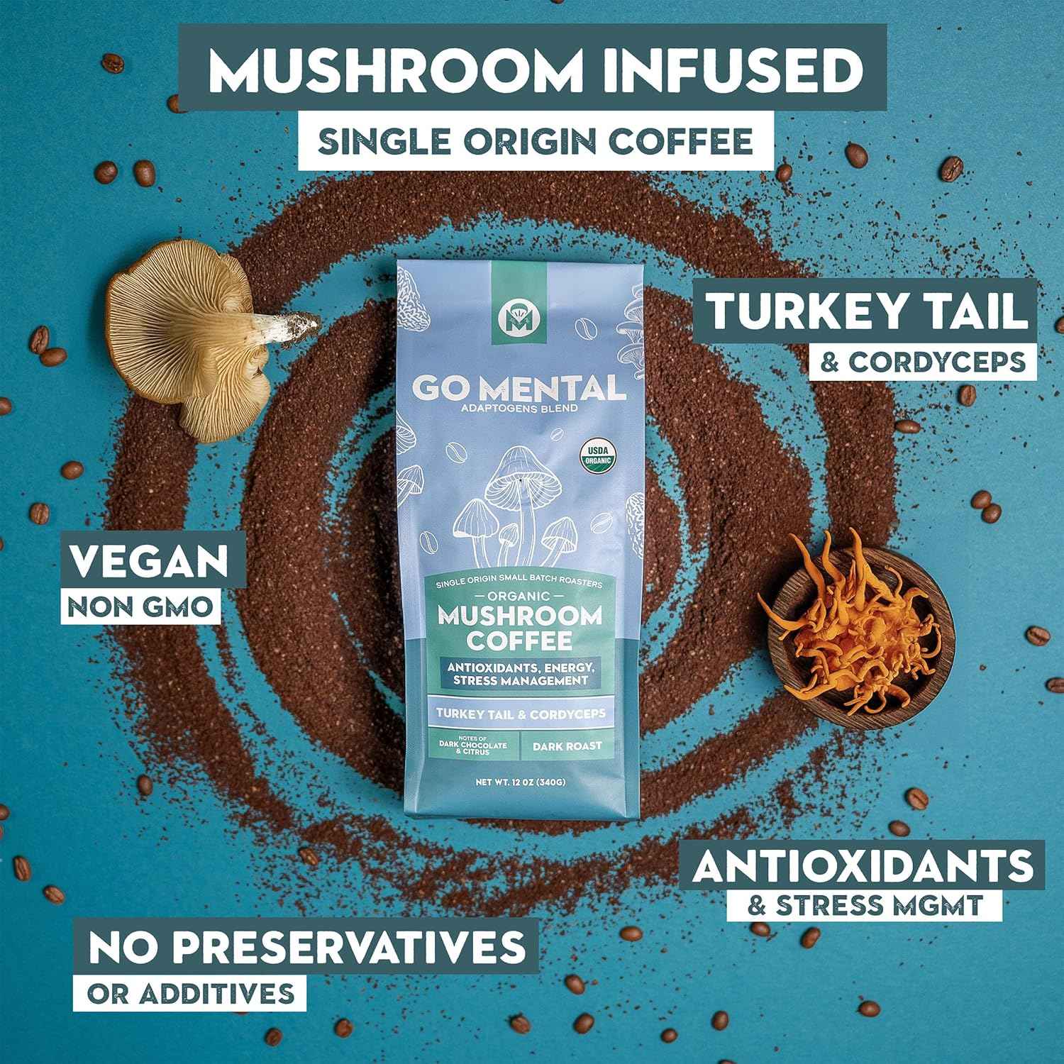 Turkey Tail & Cordyceps Mushroom Coffee Adaptogens Blend