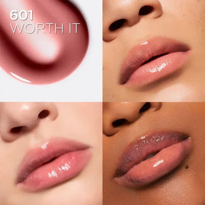 Lipstick shade 601 'Worth It' shown on different skin tones.